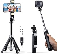 Vista 1 de Trípode para selfie, trípode extensible de 49 pulgadas para teléfono con luz LED dual y control remoto, para grabación de video/Gopro, compatible
