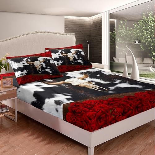 Miniatura 2 de Manfei Sábana bajera ajustable de calavera de toro, tamaño matrimonial, funda de cama de flores de rosa roja con 2 fundas de almohada, juego de ropa