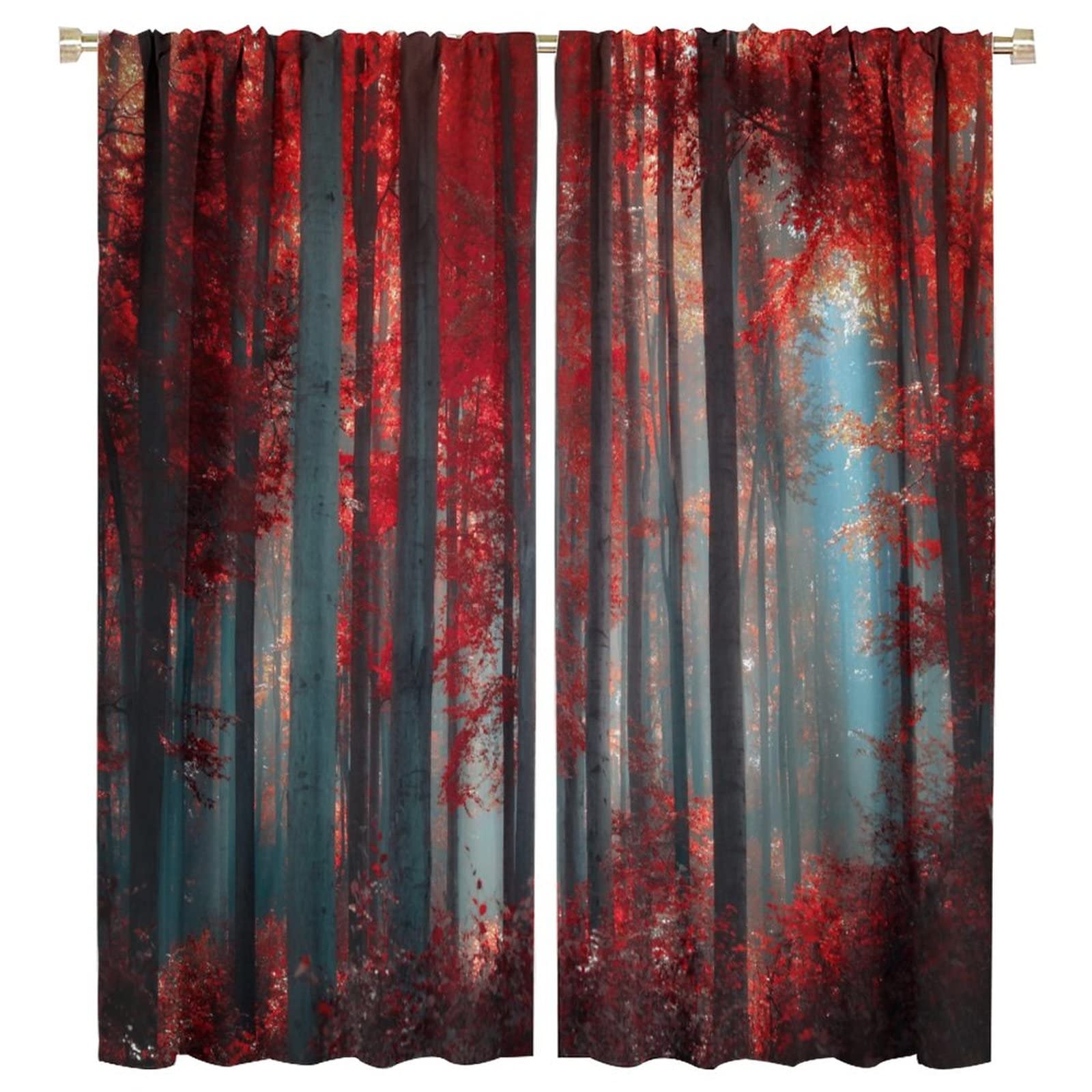 JESTRONRY Red Forest Window Curtains,Mystic Foggy Trees Natural Landscape Print Pattern Blackout Window Rod Pocket Curtains for Bedroom Living Room Kitchen Home Decor,2 Panels W55xL63in