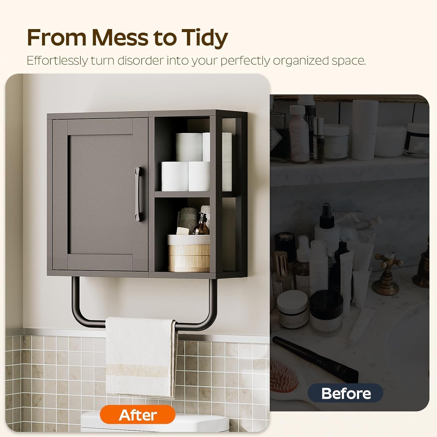 Medicine Cabinet, Bathroom Wall Cabinet with Towel Bar, Adjustable Shelf and Open Partition, Over The Toilet Storage Cabinet, for Bathroom, Laundry Room, Living Room, Kitchen, Black