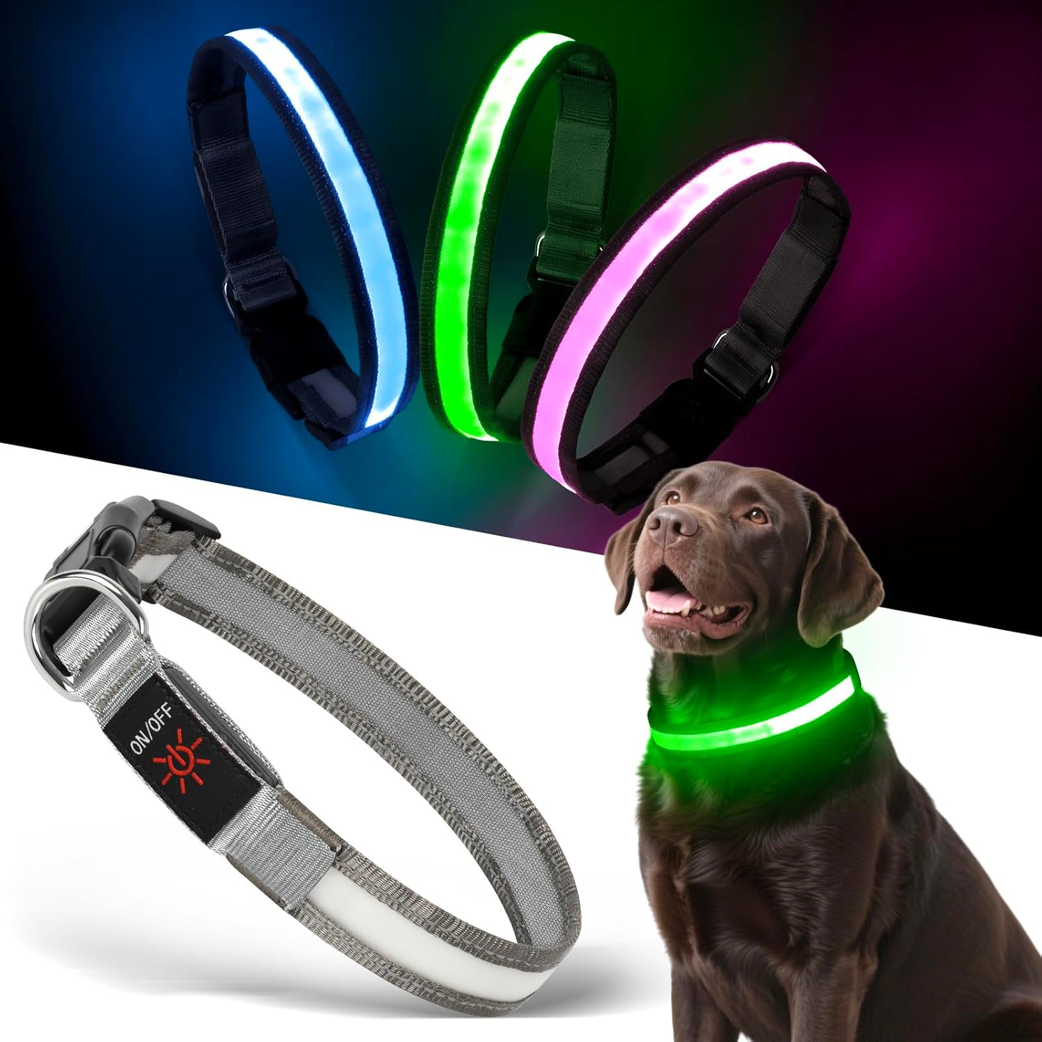 Light up Dog Collar – Multi-Color LED Dog Collar, USB-C Rechargable with Battery Indicator, Waterproof and Adjustable Rainbow Collar for Dogs(Medium)