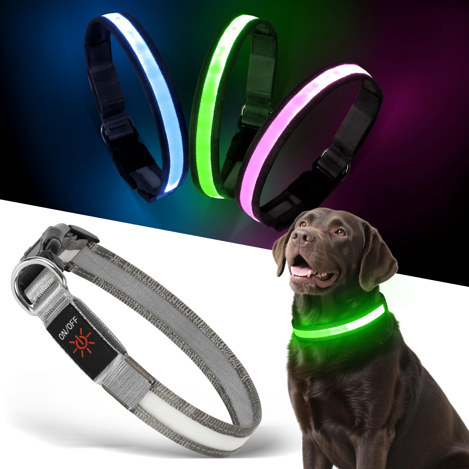 Light up Dog Collar - Multi-Color LED Dog Collar, USB-C Rechargable with Battery Indicator, Waterproof and Adjustable Rainbow Collar for Dogs (Large)