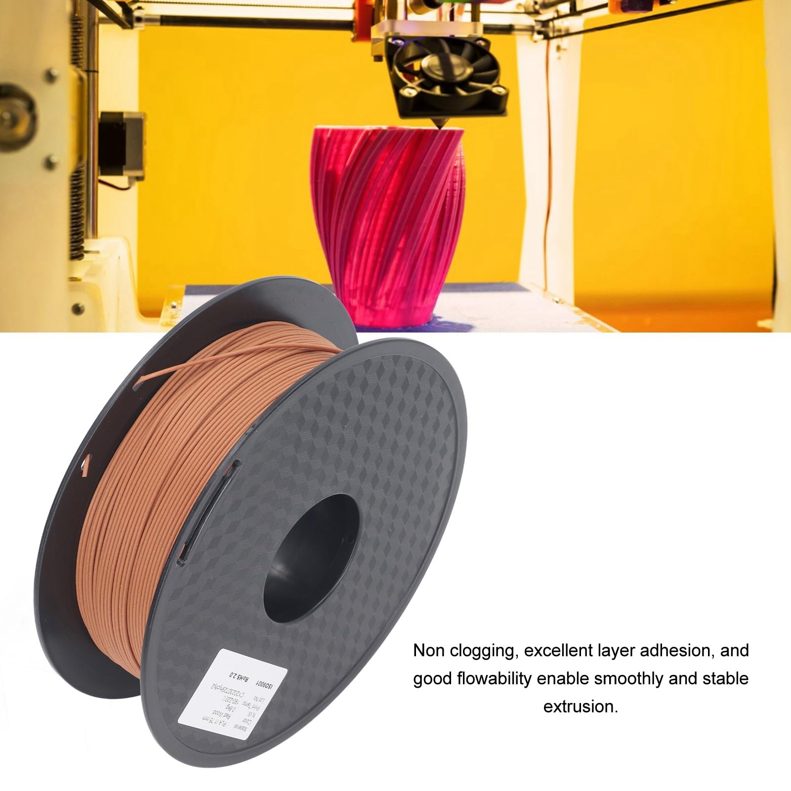 1.75mm PLA Filament, Rot Holzoptik, Entblockungsfrei, Geruchsarm, Überlegene Haftung, für 3D Drucker, Zuhause, Büro