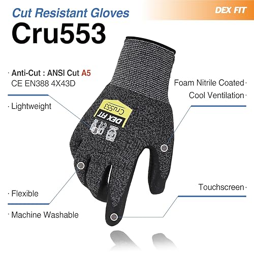 Miniatura 2 de DEX FIT Guantes resistentes a cortes nivel 5 Cru553, ajuste cómodo 3D, agarre firme, delgados, ligeros, compatibles con pantalla táctil y lavables a