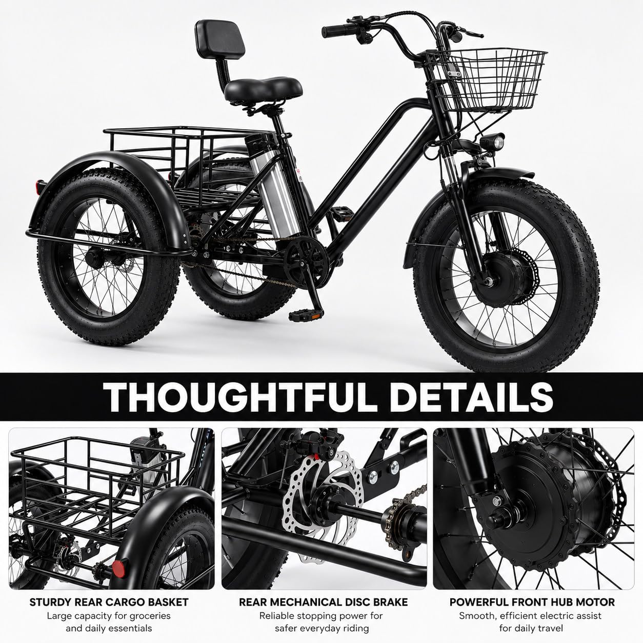 Triciclo Elettrico per Adulti 20" Ebike 3 Ruote con Gomme Fat