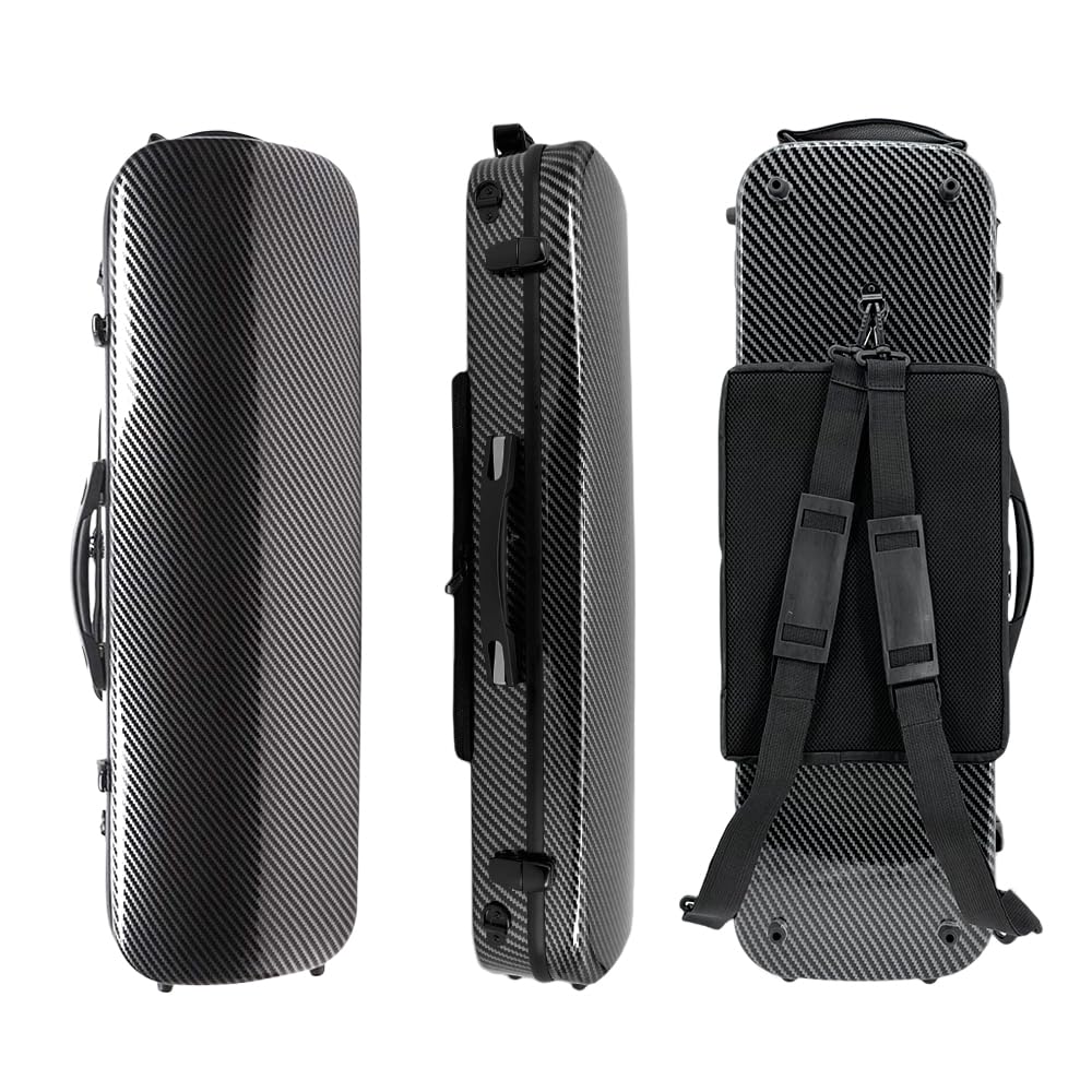 Vetimobato Estuche para violín de fibra de carbono 4/4, tamaño completo, carcasa rígida, caja de violín rectangular con correa, bolsa para partituras de música y funda de viaje de 2,1 kg (negro)