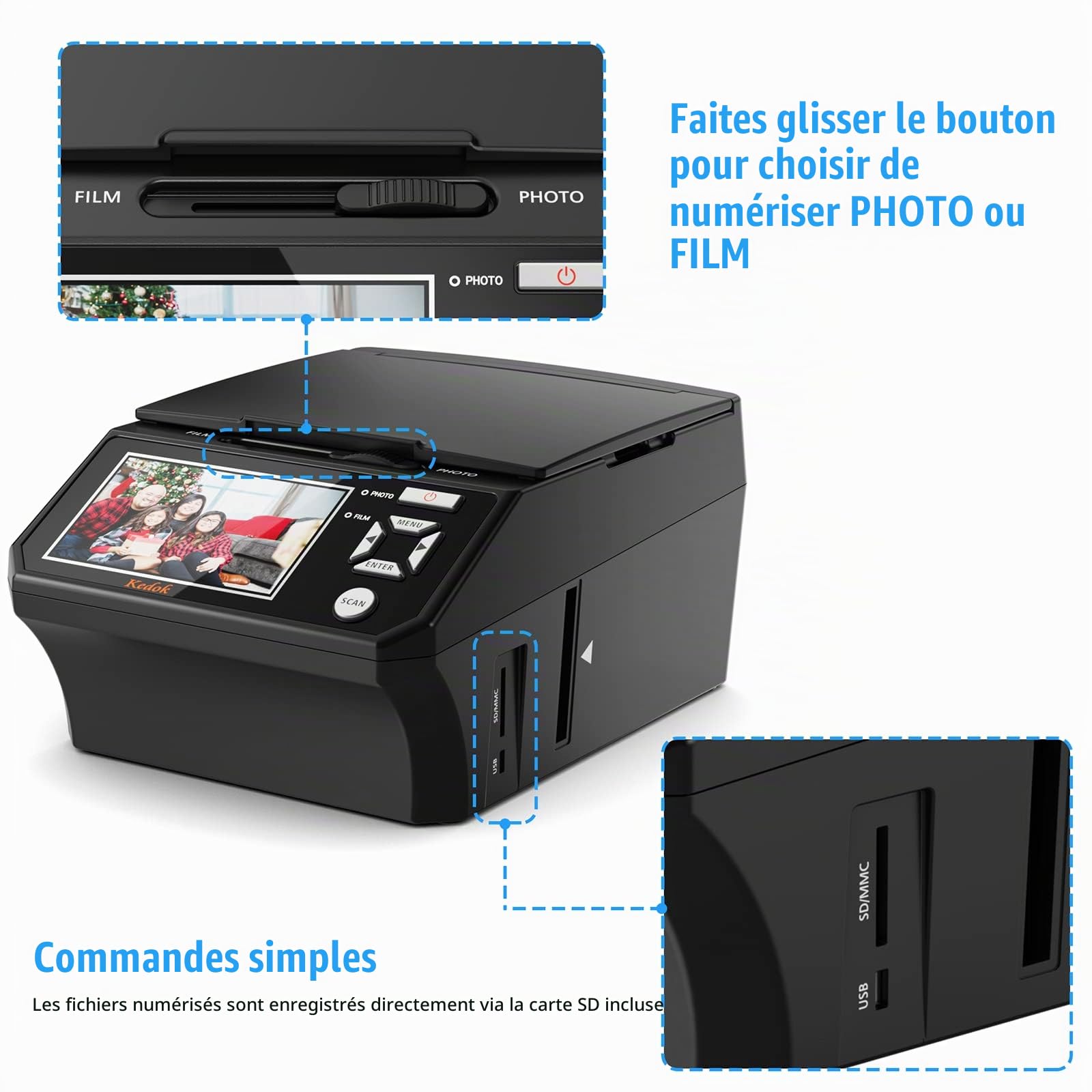HD 22 MP Photo & Scanner de Diapositives et Négatifs 35 mm,110 Films/Photos Multifonction Scanner, avec Grand écran LCD 5", Convertir des Photos dans Les fichiers JPG numérique
