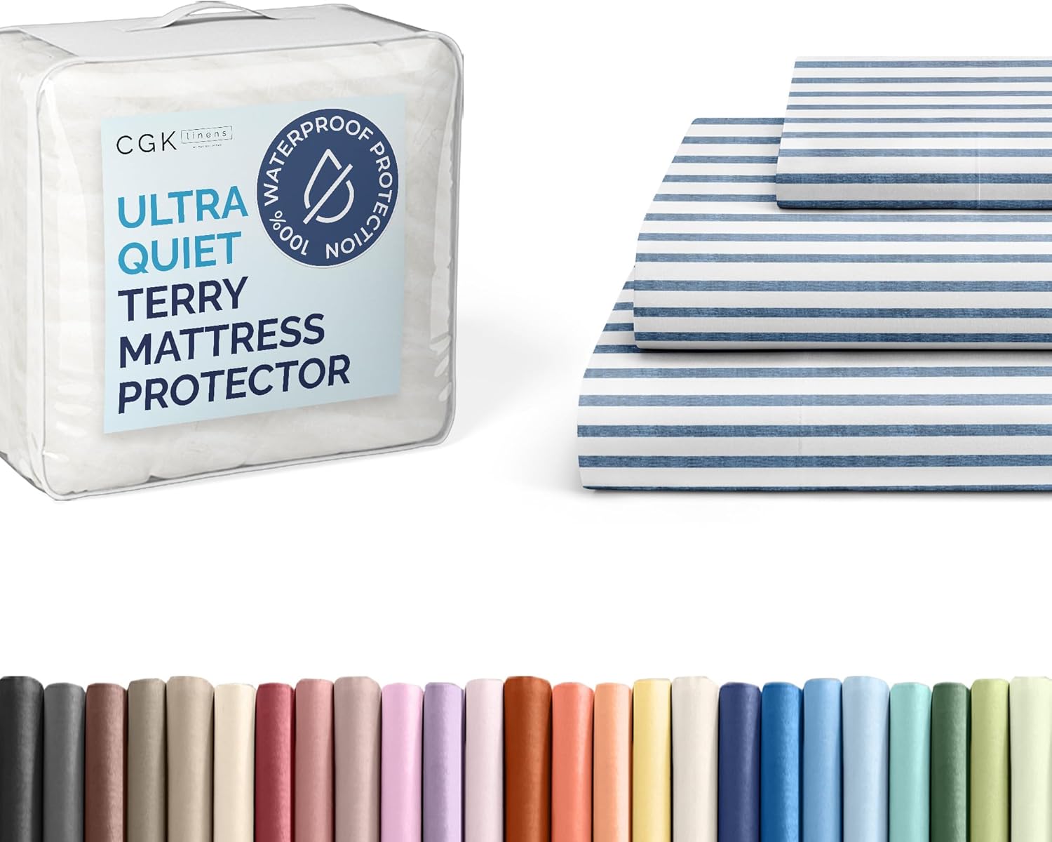 CGK Unlimited Twin XL Size 3 Piece Blue Stripes 2 Sheet Set + Twin XL Size Terry Mattress Protector