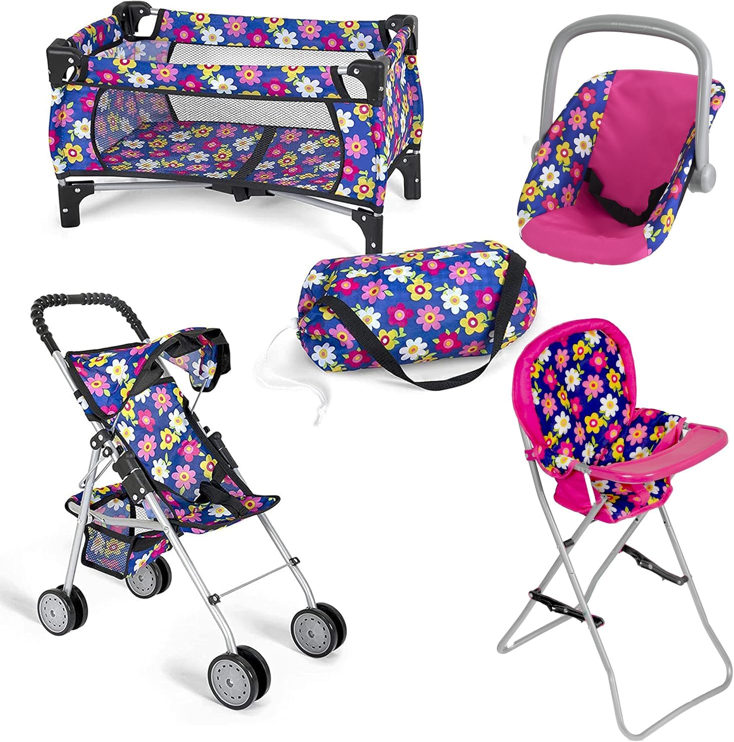 - fash n kolor 4 Piece Baby Doll Play Set Flower Design Includes - Foldable Pack N Play, Baby Doll Stroller, Baby Doll High Chair, Infant Seat, Fits Up to 18'' Doll 4 Piece Doll Accessories Set