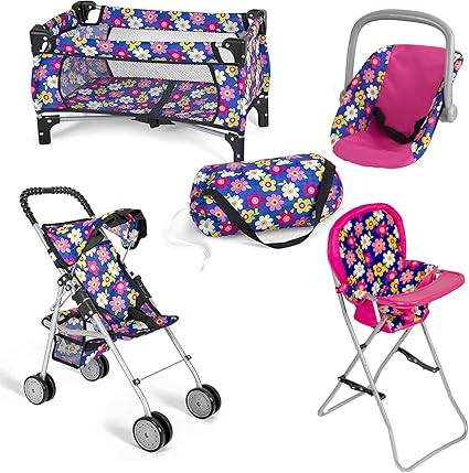 fash n kolor 4 Piece Baby Doll Play Set Flower Design Includes - Foldable Pack N Play, Baby Doll Stroller, Baby Doll High Chair, Infant Seat, Fits Up to 18'' Doll 4 Piece Doll Accessories Set