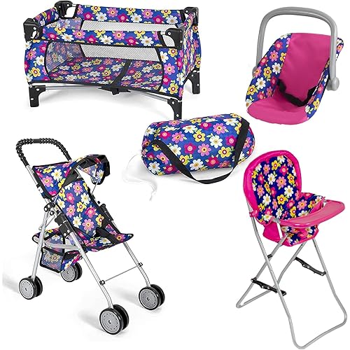 fash n kolor 4 Piece Baby Doll Play Set Flower Design Includes - Foldable Pack N Play, Baby Doll Stroller, Baby Doll High Chair, Infant Seat, Fits Up to 18'' Doll 4 Piece Doll Accessories Set