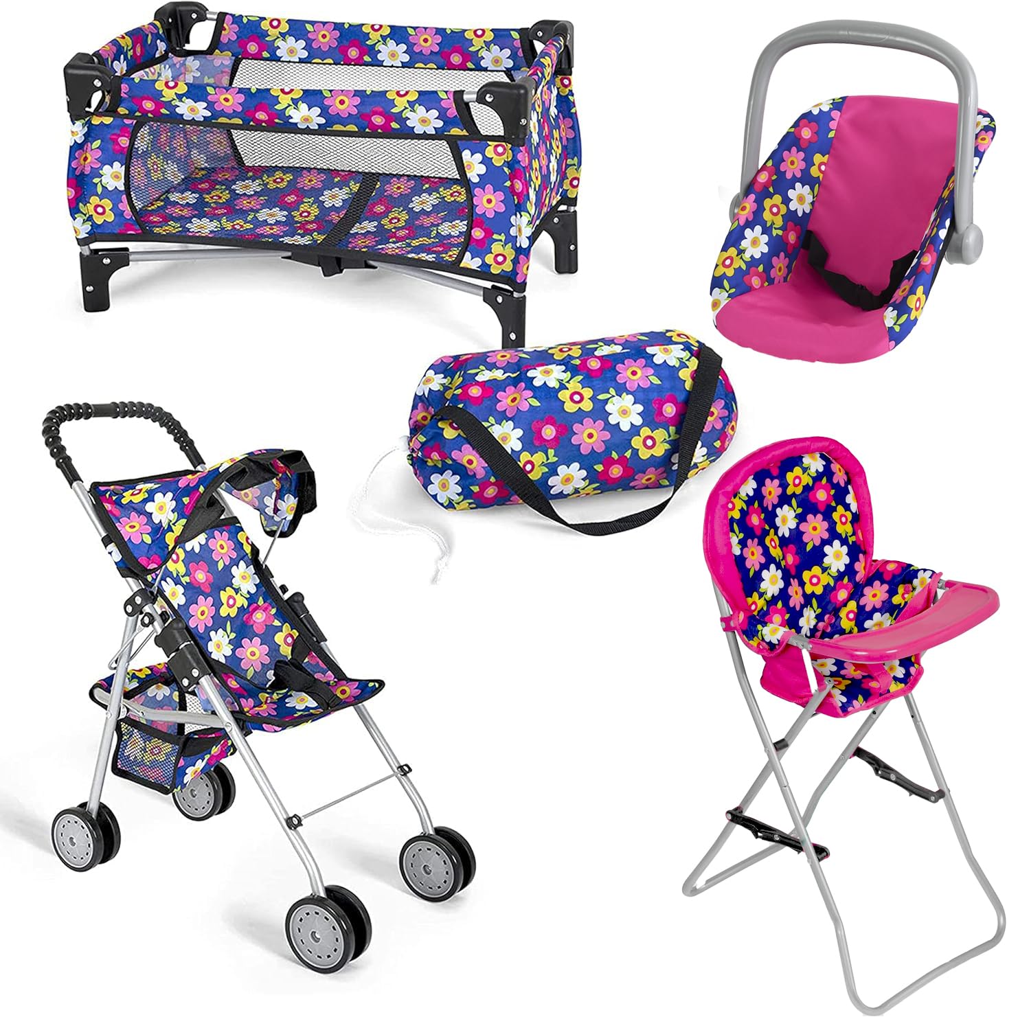 fash n kolor 4 Piece Baby Doll Play Set Flower Design Includes - Foldable Pack N Play, Baby Doll Stroller, Baby Doll High Chair, Infant Seat, Fits Up to 18'' Doll 4 Piece Doll Accessories Set