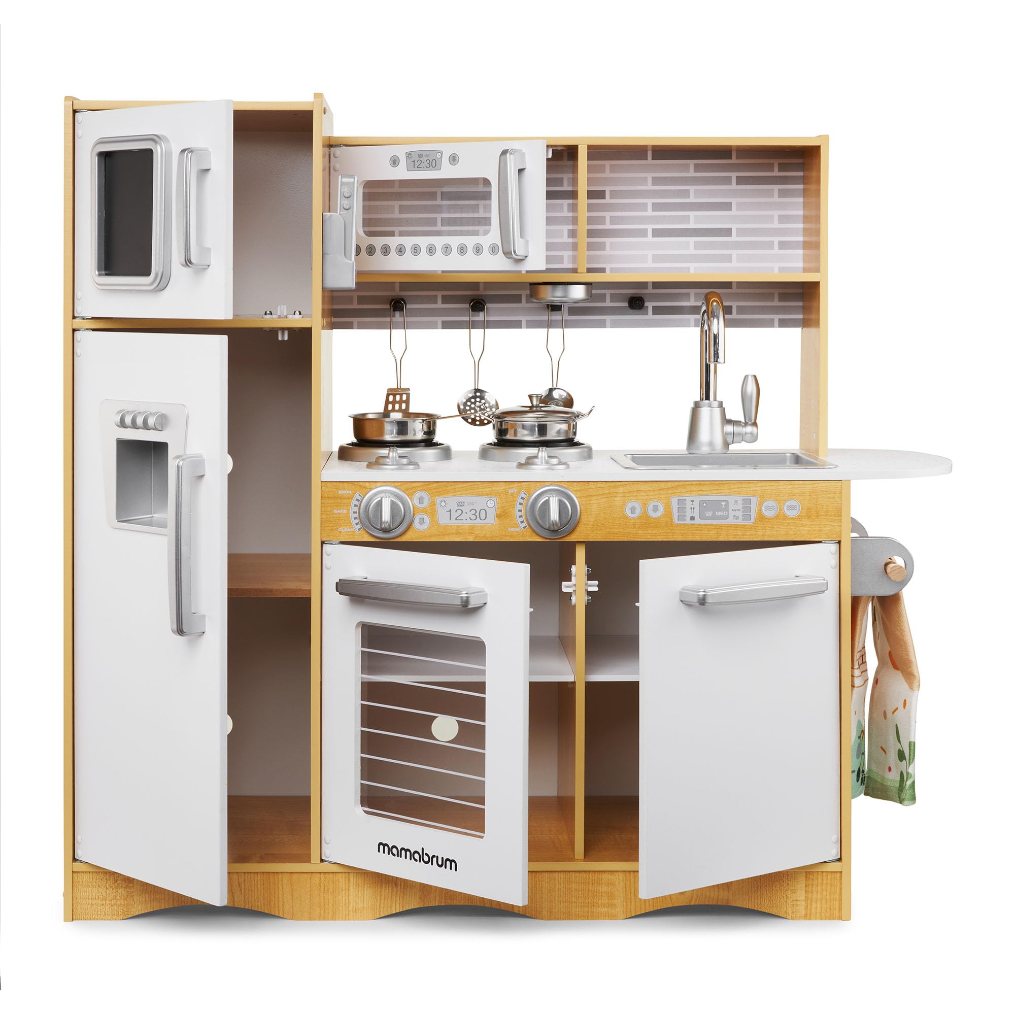 Mamabrum Holz-Spielküche LED-Beleuchtung, Kinderküche Zubehör Set - Ofen, Mikrowelle, Kochfeld, Wasserhahn, Kühlschrank & Spielzeug-Kochutensilien für Kinder (15 Teile)