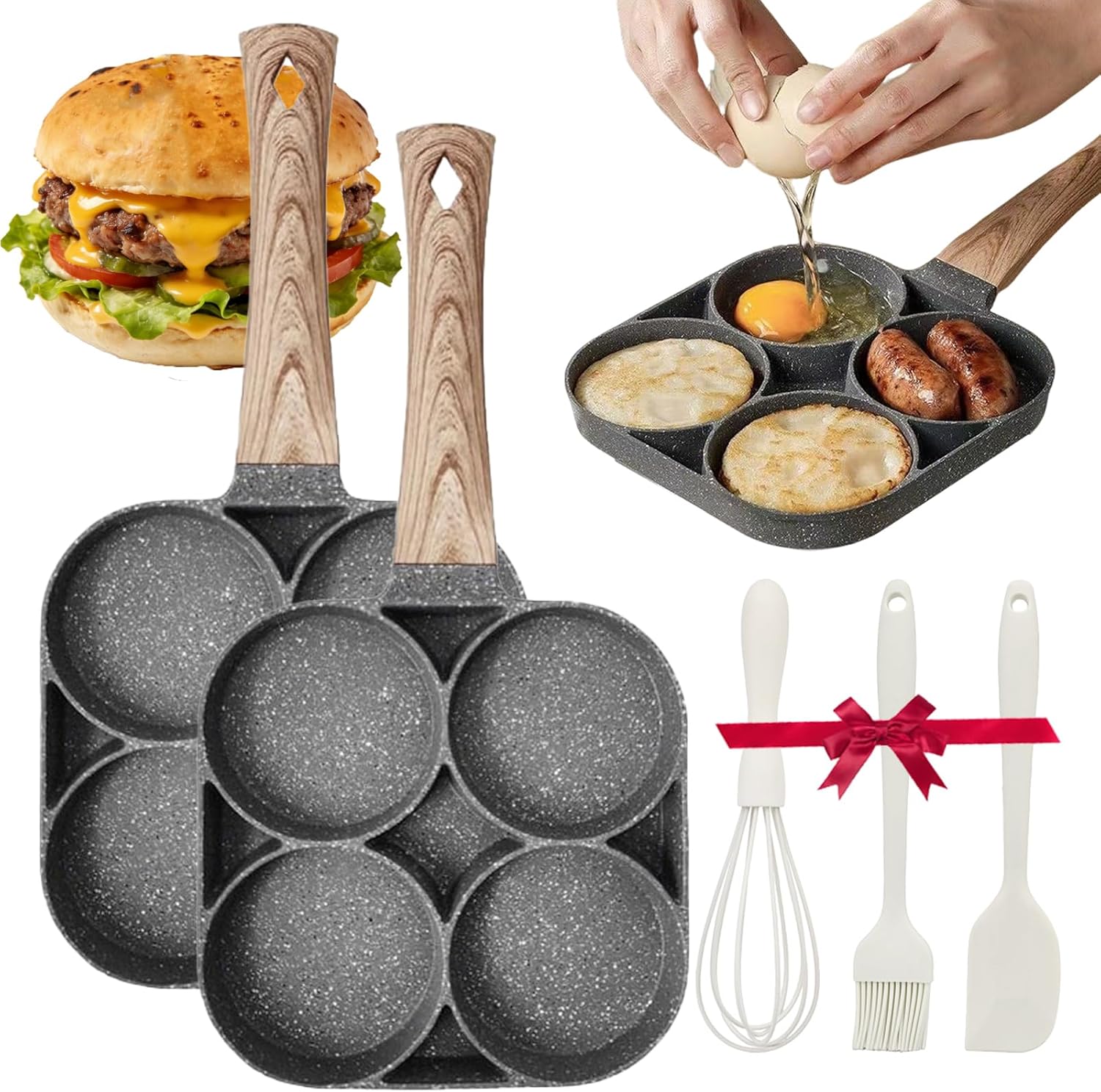 Maifan Stone Multi-hole Egg Frying Pan, 4 Cup Egg Frying Pan Nonstick, Multipurpose Frying Pan for Fried Eggs, Pancakes, Hamburger Patties, Suitable for All Stoves (1pc)