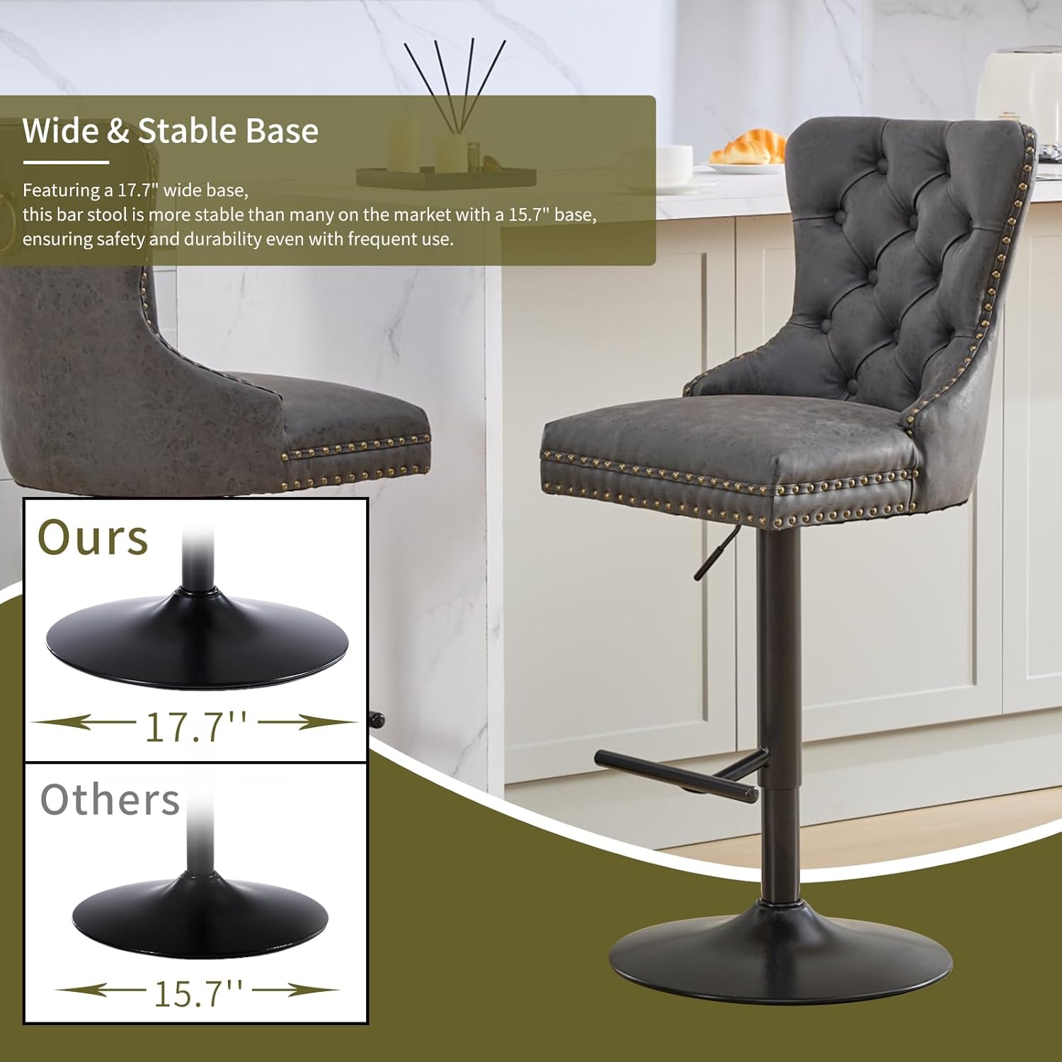 Adjustable PU Leather Bar Stools with Button-Tufted Back and Nailhead Trim, Swivel Counter Height Bar Chair for Home Pub or Kitchen Island, Easy Assembly, Black, Set of 4