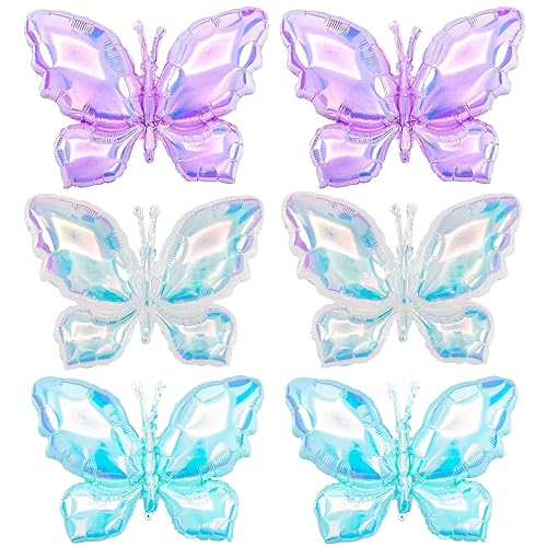 6 Pieces 24 Inch Colored Translucent Butterfly Balloons - Large Nylon Butterflies Decorations in Purple, White, and Blue for Garden, Spring Decor, Baby Shower, Wedding, and Butterfly-Themed Events