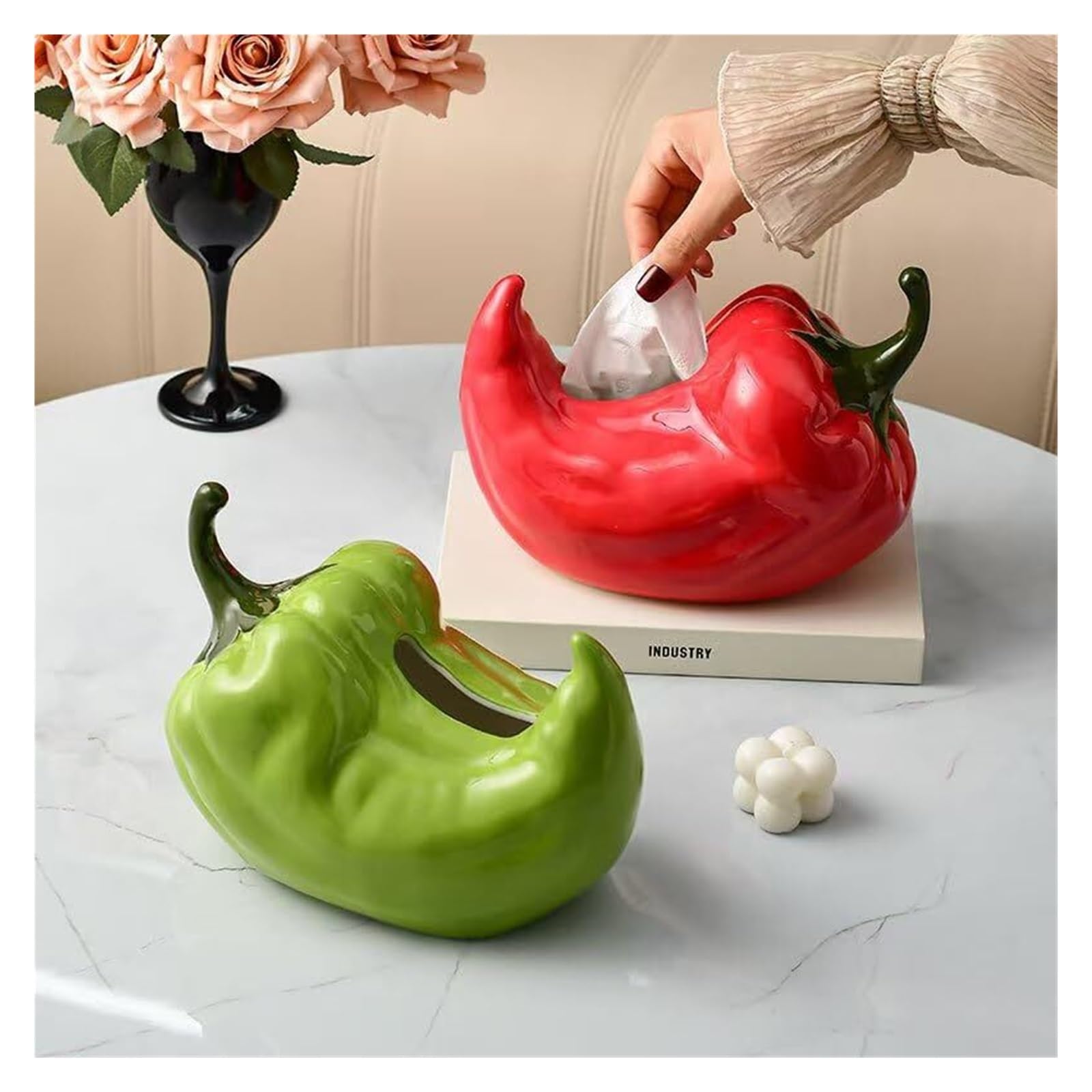 Kosmetiktuch-Spenderbox Dekorative Taschentuchbox aus Keramik mit Chili-Pfeffer-Motiv, modernes, minimalistisches Design Must-Haves für die Wohnung(Green)