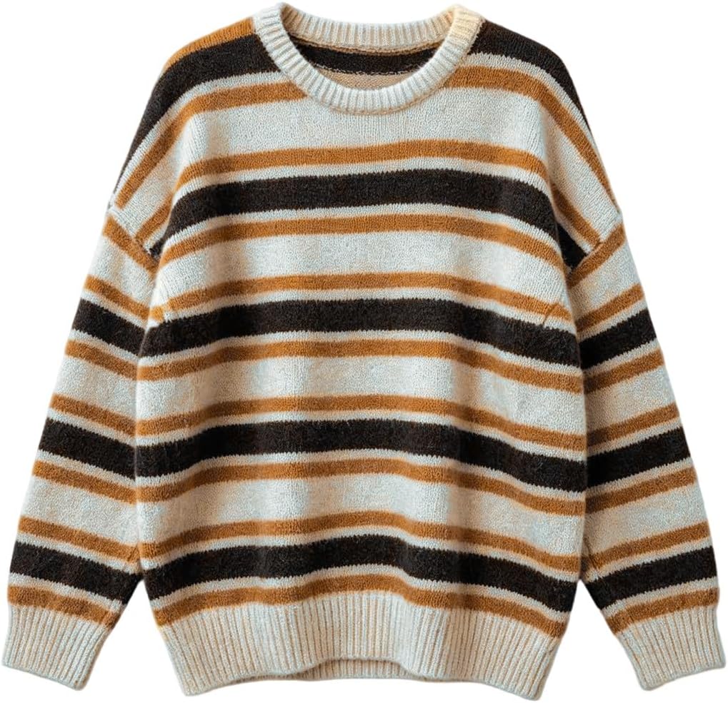 Womens Crew Neck Colorful Striped Sweater Long Sleeve Casual Jumper
