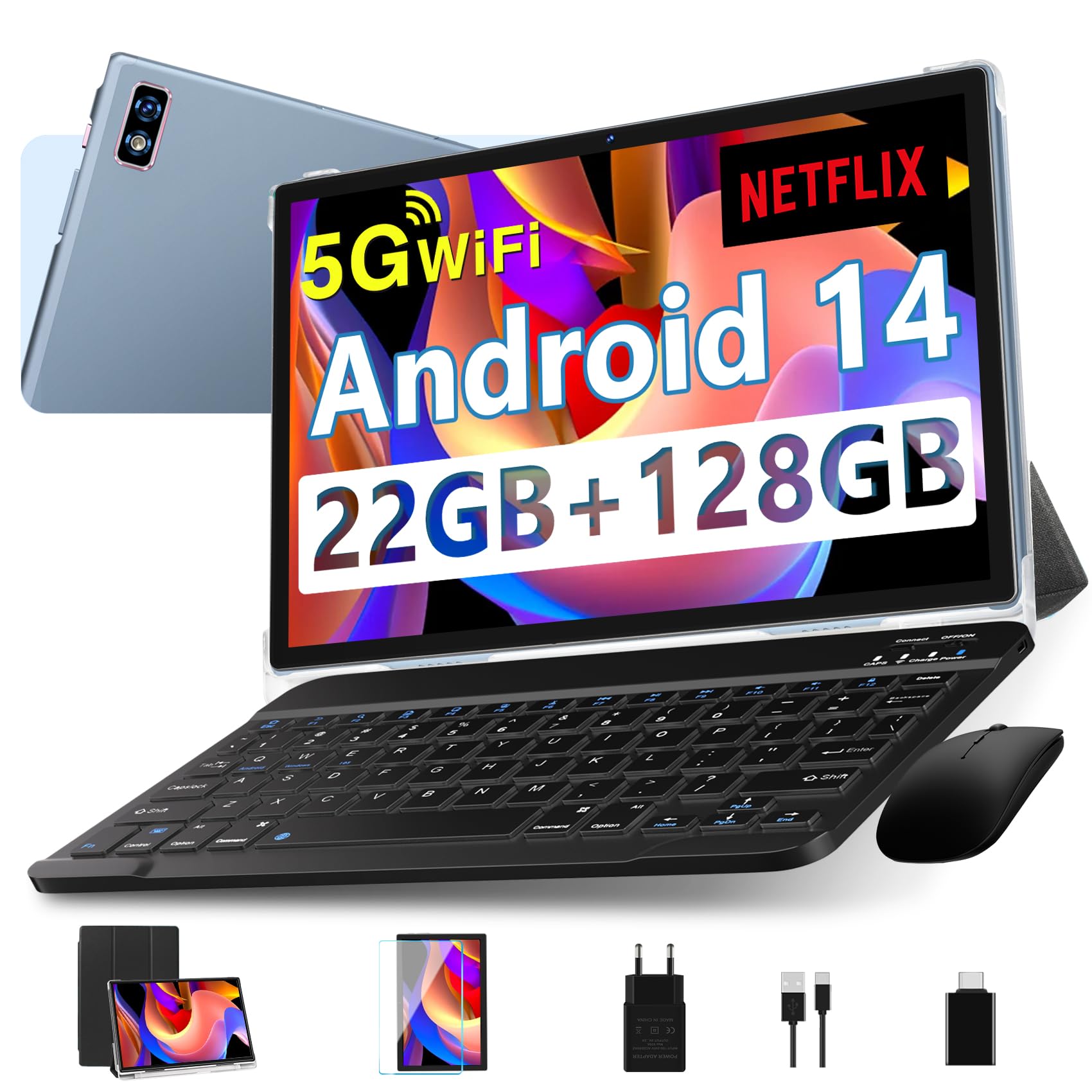 2025 Newest Tablet Android 14 Tablet PC 10.1 Pollici, 22GB RAM+128GB ROM(TF 2TB), Octa Core 2.0Ghz/5G+2.4G WiFi/8000mAh/Widevine L1/BT5.0/8MP+5MP/GPS/Widgets/GMS Tablet con Tastiera e Mouse - Grigio