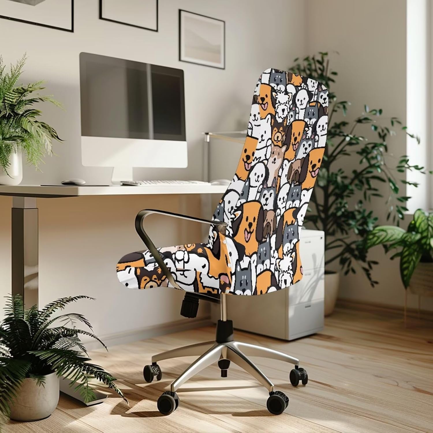 Cute Cartoon Dog Print Computer Office Chair Cover, Removable Thick Desk Chair Cover Water Resistant High Back Chair Slipcover Non Slip Chair Seat Protector with Elastic Bottom-L