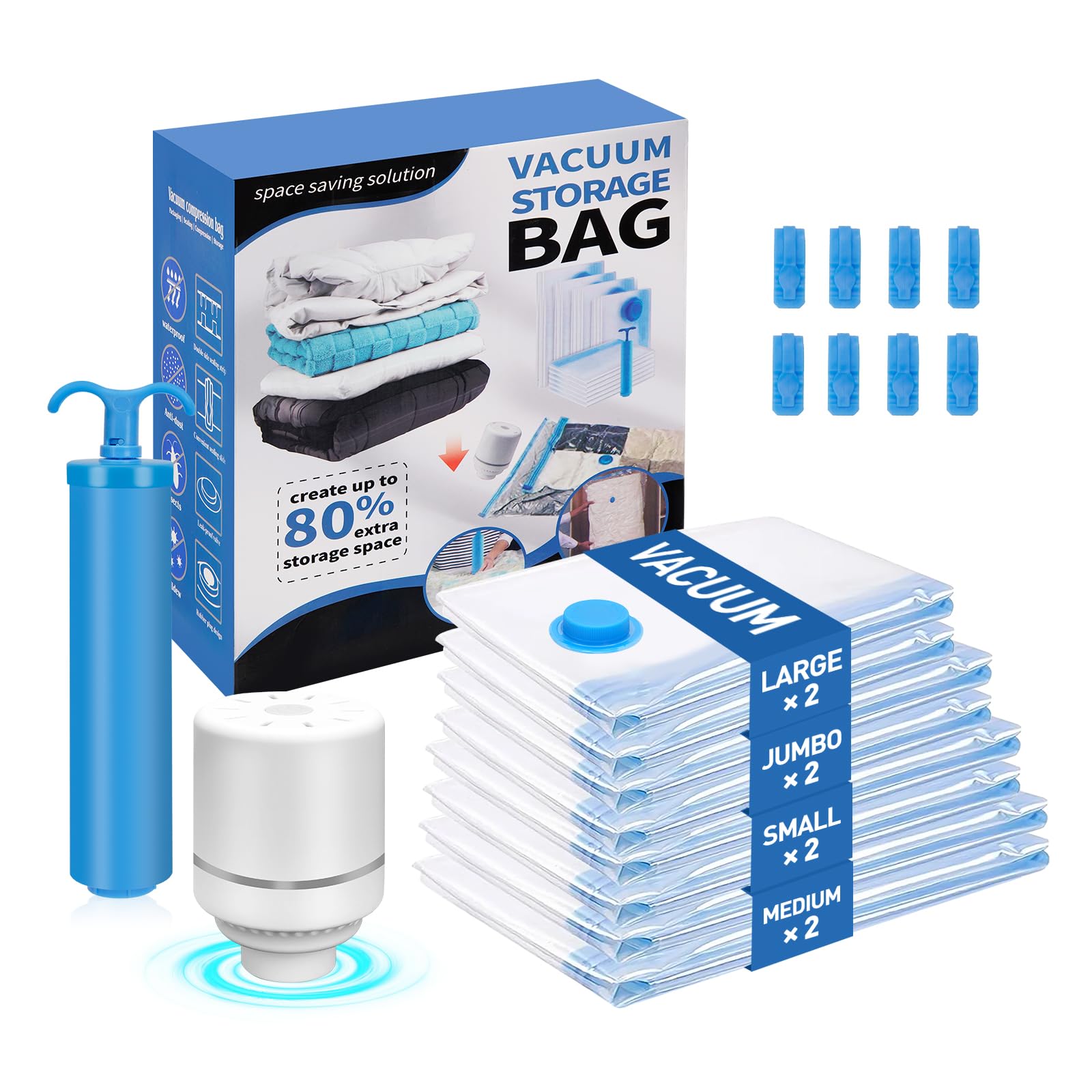 Sacchetti Sottovuoto SUOCO Con Pompa - Set 8 Pezzi (2 Jumbo, 2 Large, 2 Medium, 2 Small) Per Vestiti E Viaggi - Foto 4