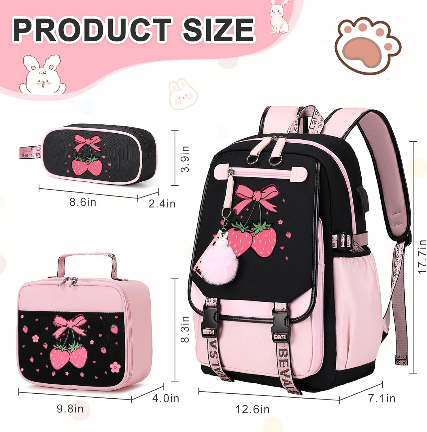 Bevalsa School Backpack for Girls, 3PCS Backpack with Lunch Box & Pen Case image 2