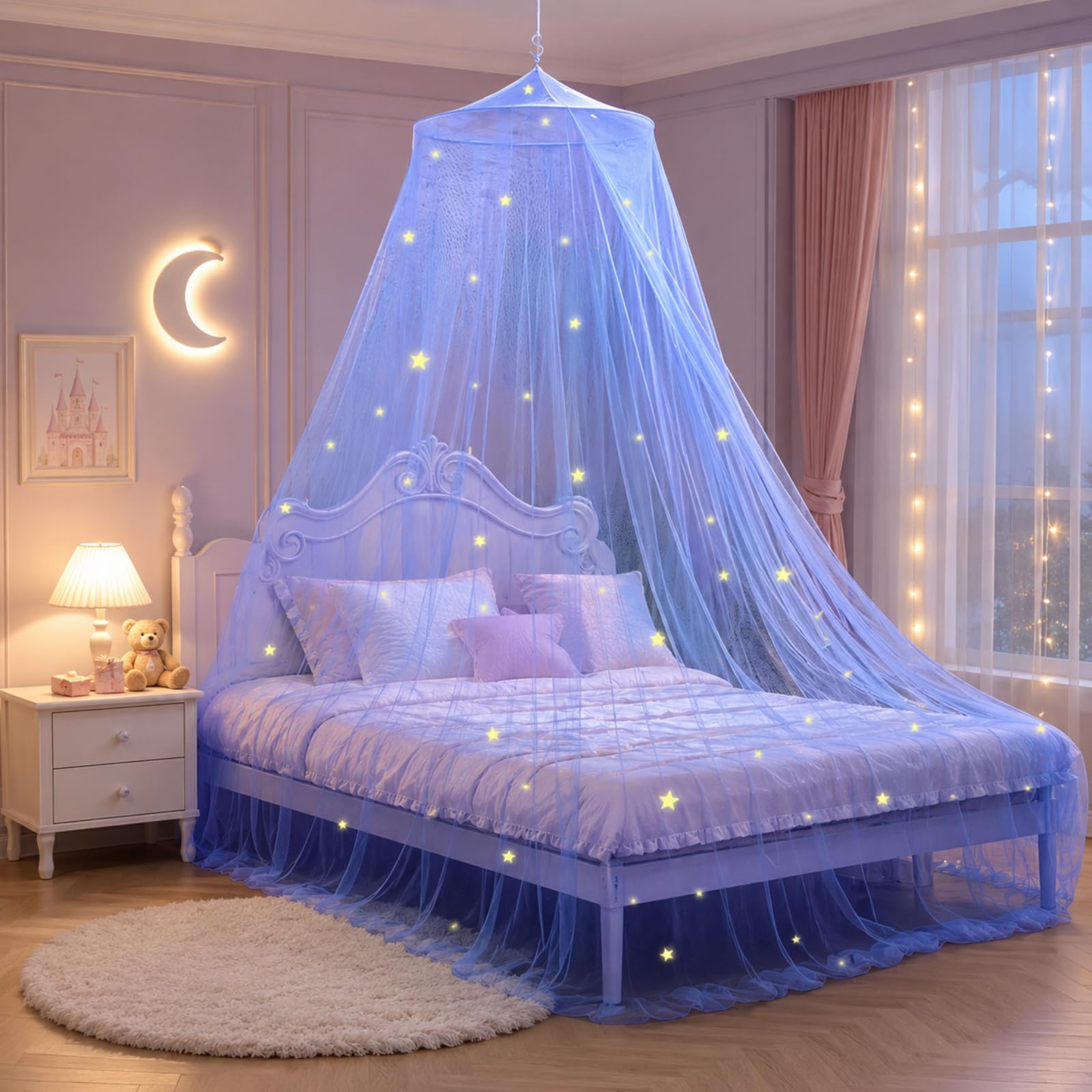 Bed Canopy Girls & 100 Glow Star Stickers, Round Dome Princess Canopy Blue