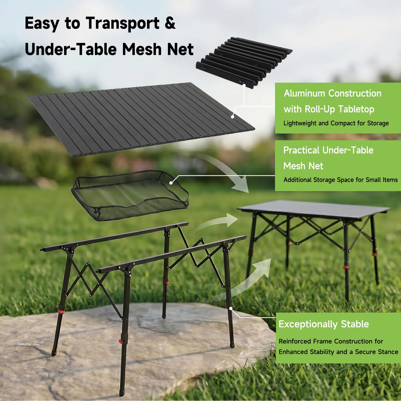 HAUSPROFI Table de camping pliable avec cadre en aluminium - Plateau de table enroulable - Réglable en hauteur - 120 x 70 cm - Jusqu'à 100 kg - Avec sac de transport avec sangle de transport et sac en