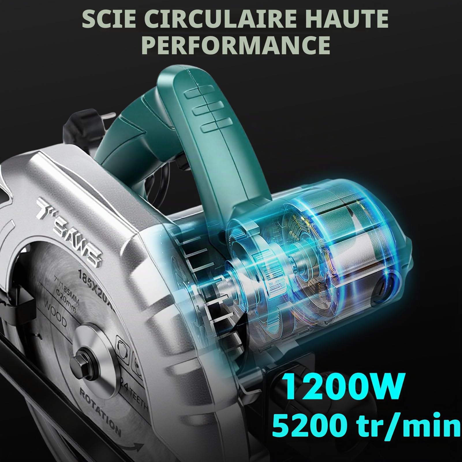 Scie Circulaire Professionnelle 1200 W, Lame 185 mm, Profondeur de Coupe de 65 mm, scie circulaire portative pour le bois, lames carbure 24T/40T/60T incluses, 5200 RPM, coupes d'onglet de 0 à 45°