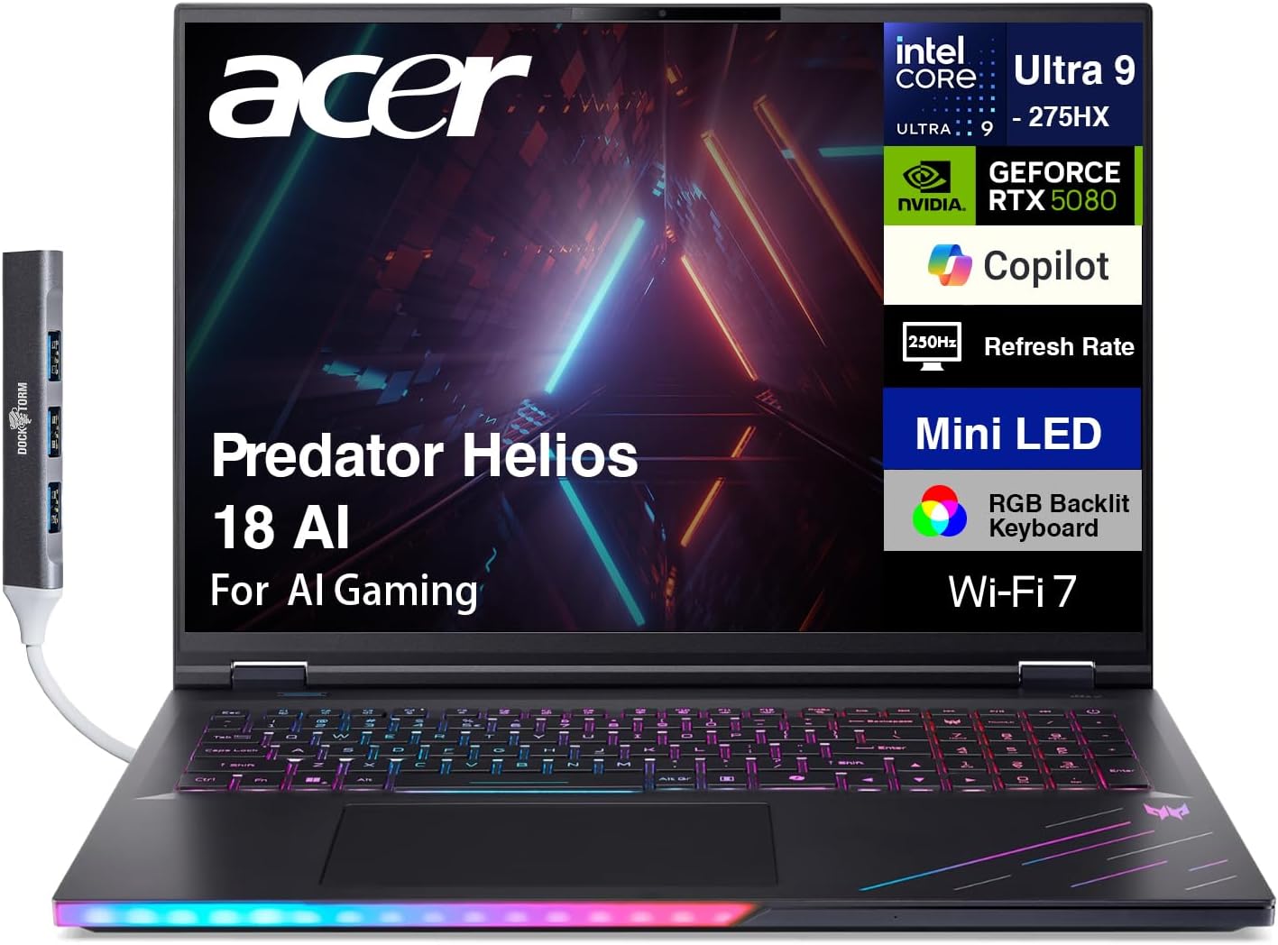 acer Predator Helios 18 AI Gaming Laptop 18" 250Hz 1000 nits Mini-LED WQXGA (Intel Ultra 9-275HX, GeForce RTX 5080 16GB, 64GB DDR5, 4TB SSD, 2 Thunderbolt 5, Win 11 Pro) w/DKZ USB Port Expander