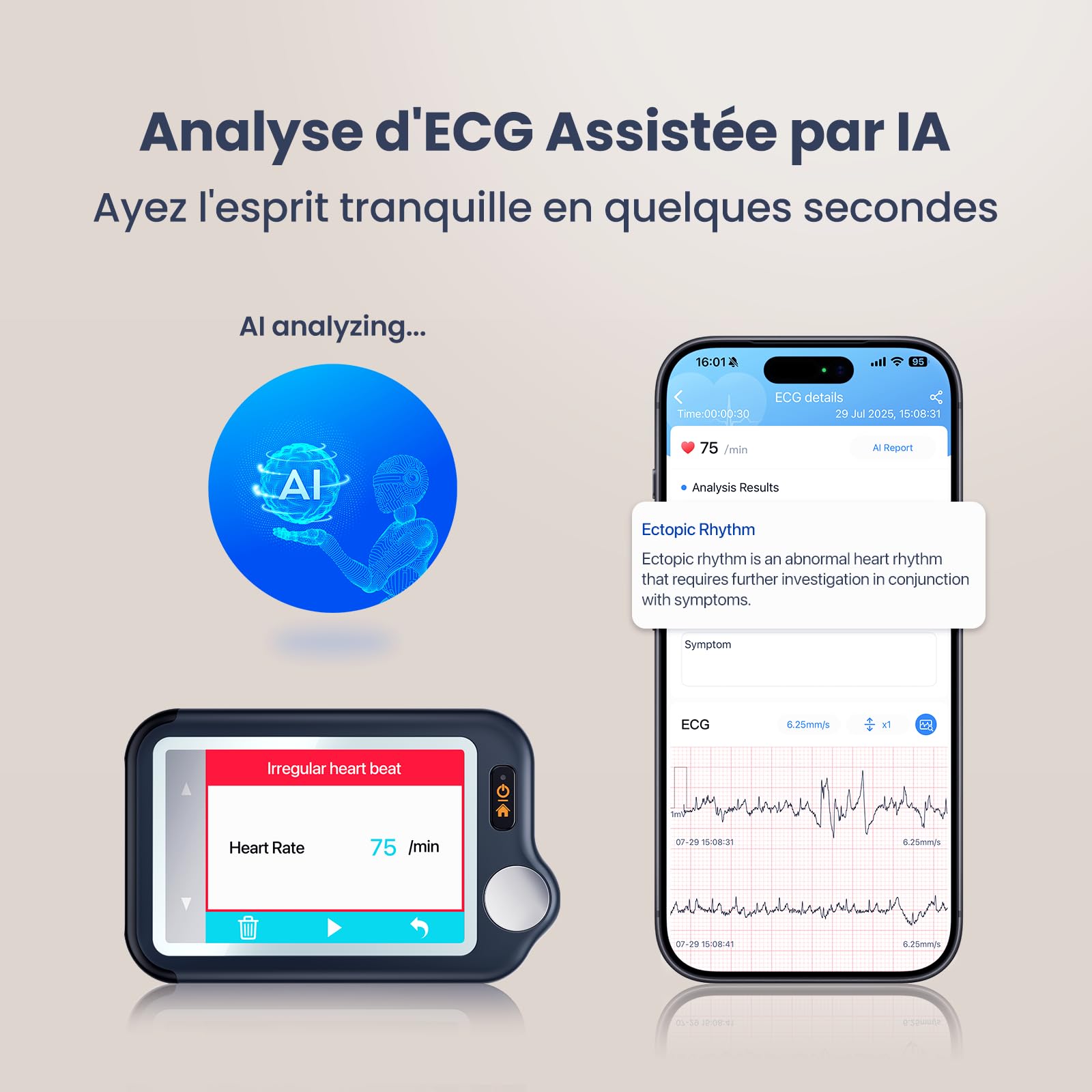CheckMe Plus Appareil ECG Portable pour Usage Domestique, Fonction d'Analyse ECG, 30s 60s 5min Moniteur ECG Bluetooth avec Affichage en Temps Réel, Mémoire Illimitée (Smartphone et PC)