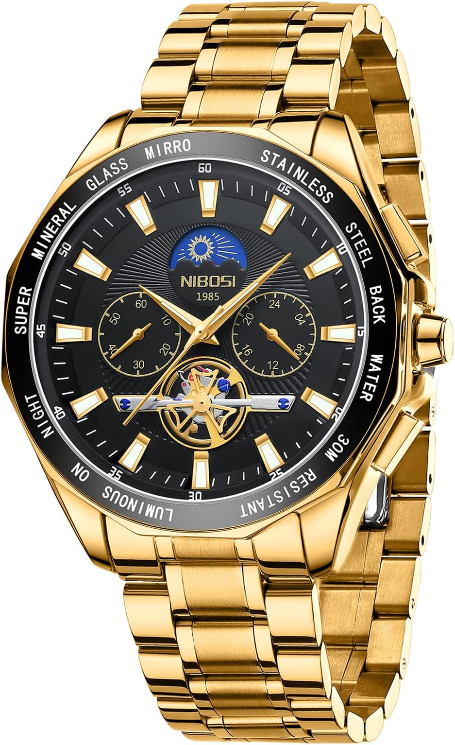 NIBOSI Men's Watch Analog Sport Chronograph Waterproof Watches for Men Business Quartz Tourbillon Casual Wrist Watch Stainless Steel Strap