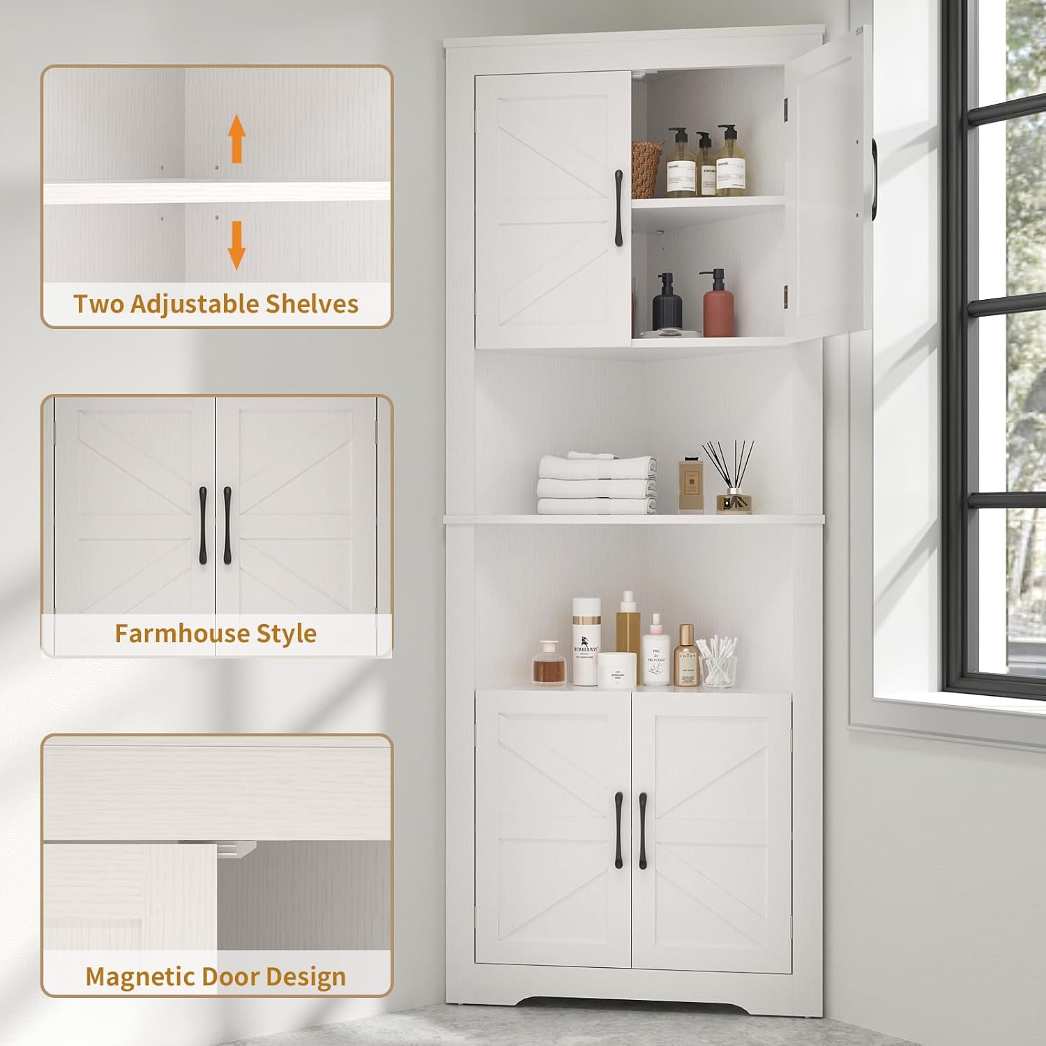Corner Cabinet 67” Tall, Farmhouse Corner Cabinet with Doors and 5 Shelves, Bathroom Cabinet Organizer Home Space Saver for Kitchen, Living Room, White