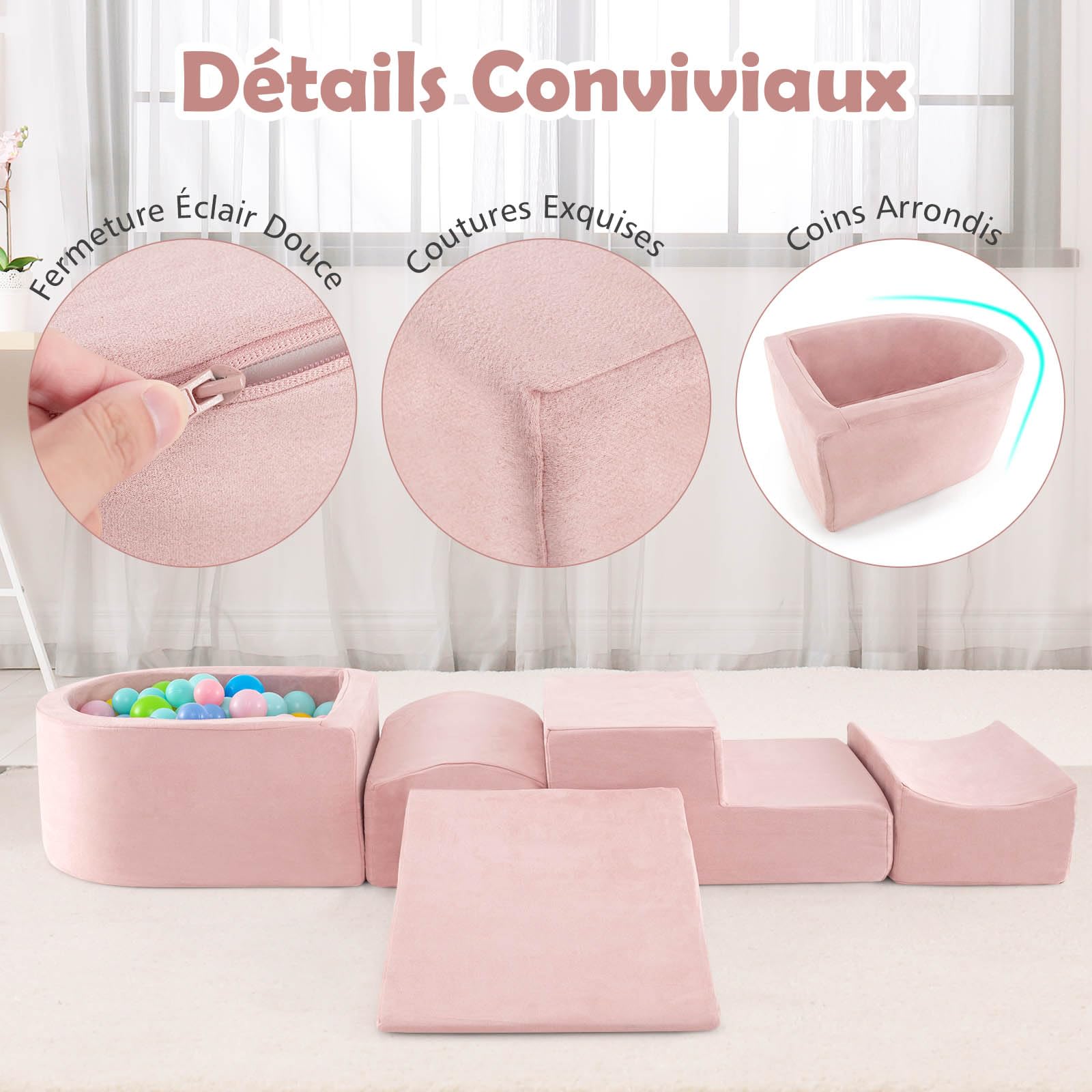 DREAMADE Parcours de motricité Bébé 5PCS avec Housse Lavable, Blocs de Construction avec Piscine à Balles, Module Motricité pour Enfant 3+ Ans, sans Balles (Rose)