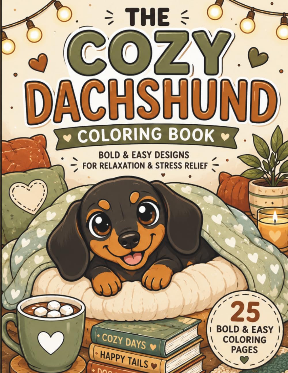 THE COZY DACHSHUND COLORING BOOK: 25 Cute Wiener Dog Designs for Dog Lovers — Stress Relieving Coloring Pages for Adults and Seniors (Dog Breed Coloring Books)
