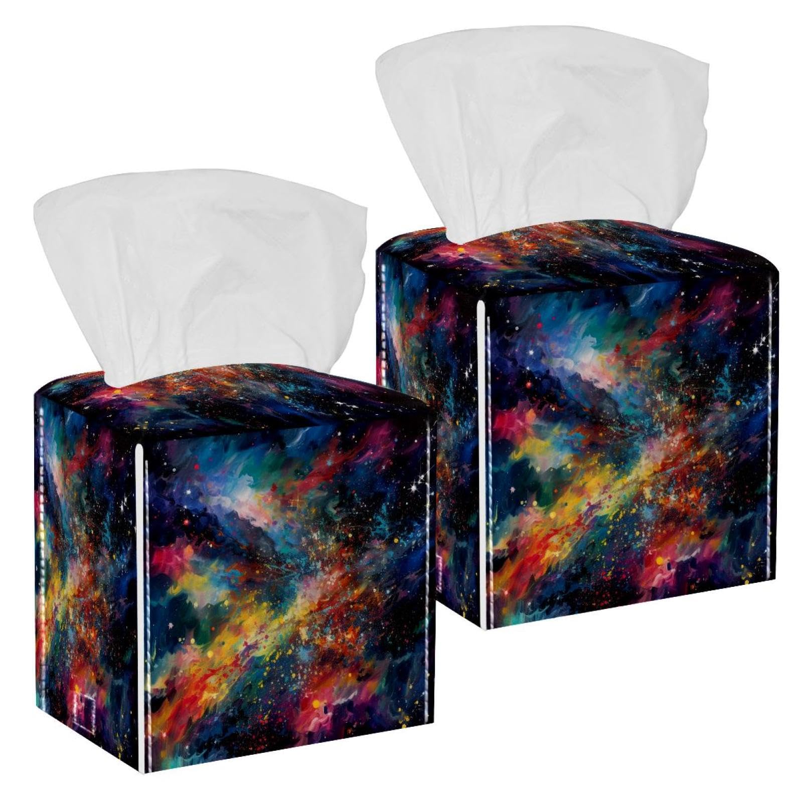 Dreamy Starry Sky Tissue Box Cover, 2 Pack PU Leather Square Facial Tissue Dispenser Box holder for Home Office Car