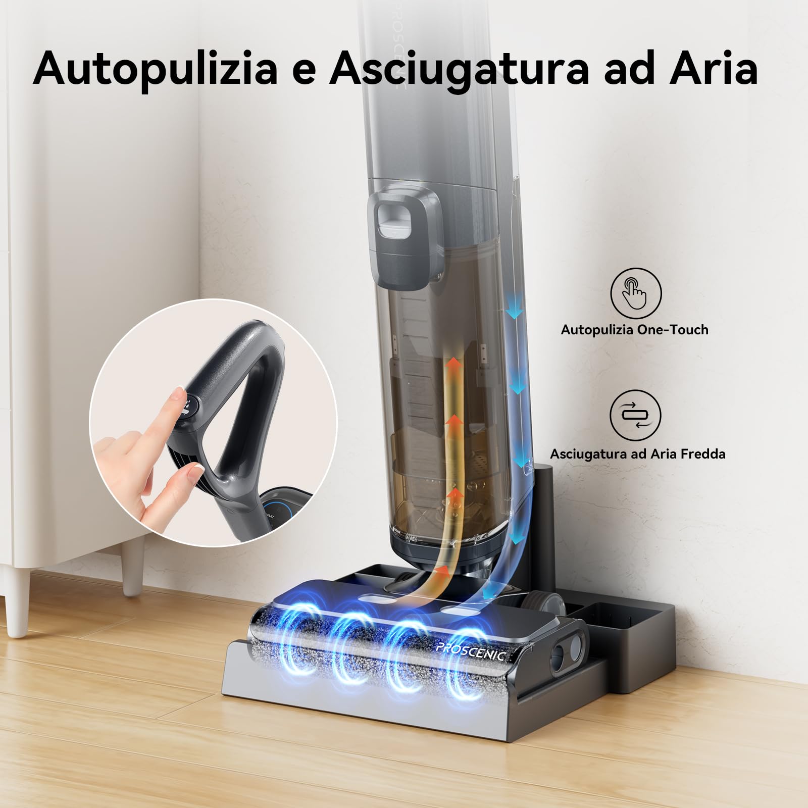 Proscenic F20A Aspirapolvere senza fili, aspirapolvere per solidi e liquidi, serbatoio da 2 litri, autopulente, leggero, display a LED, per la pulizia di sporco appiccicoso, pavimenti duri