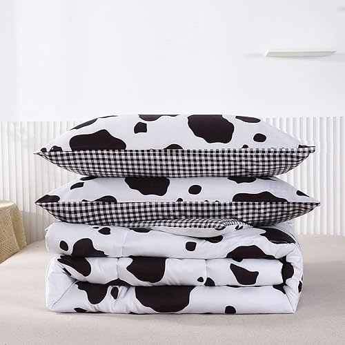 Miniatura 2 de Mengersi Juego de edredón con estampado de vaca, tamaño matrimonial, reversible en blanco y negro para todas las estaciones, juegos de ropa de cama