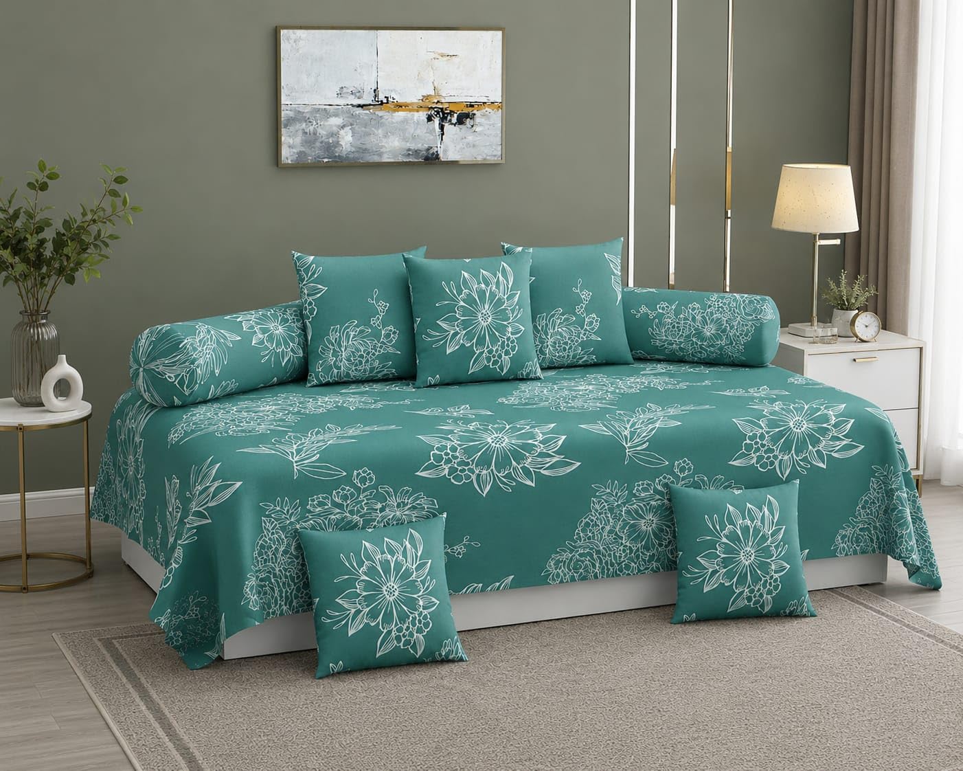 Sands® 180 TC Cotton Diwan Cover Set, 1 Single Bedsheet (60 x 90 inch), 5 Cushion Cover (16 x 16 inch), 2 Bolster Covers (16 x 32 inch) (Teal Green)-image-29