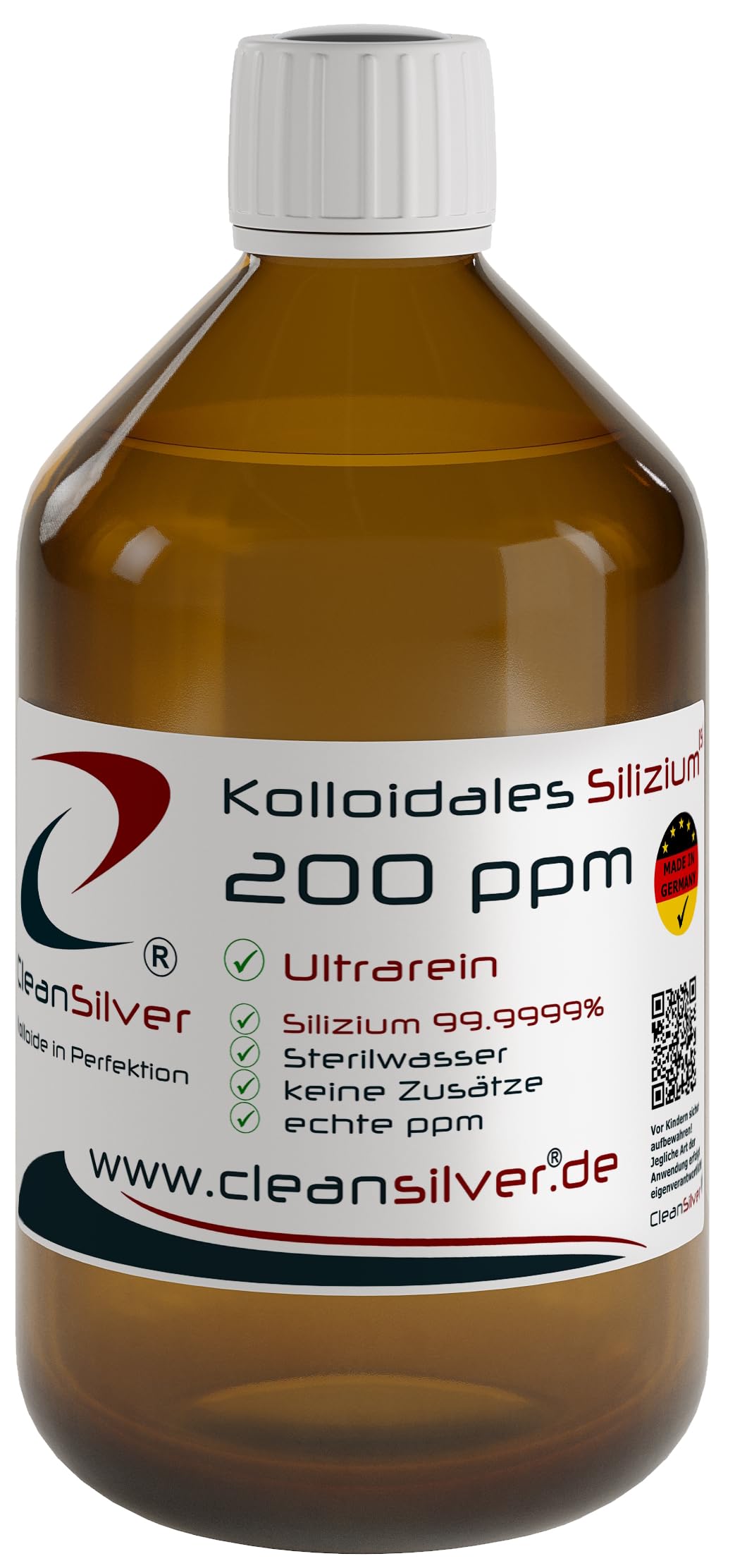 CleanSilver - Kolloidales Silizium hochdosiert 200ppm, 500ml - Ultrarein: Sterilwasser und Silizium 99,9999% - Made in Germany - stets frisch, keine Lagerware!