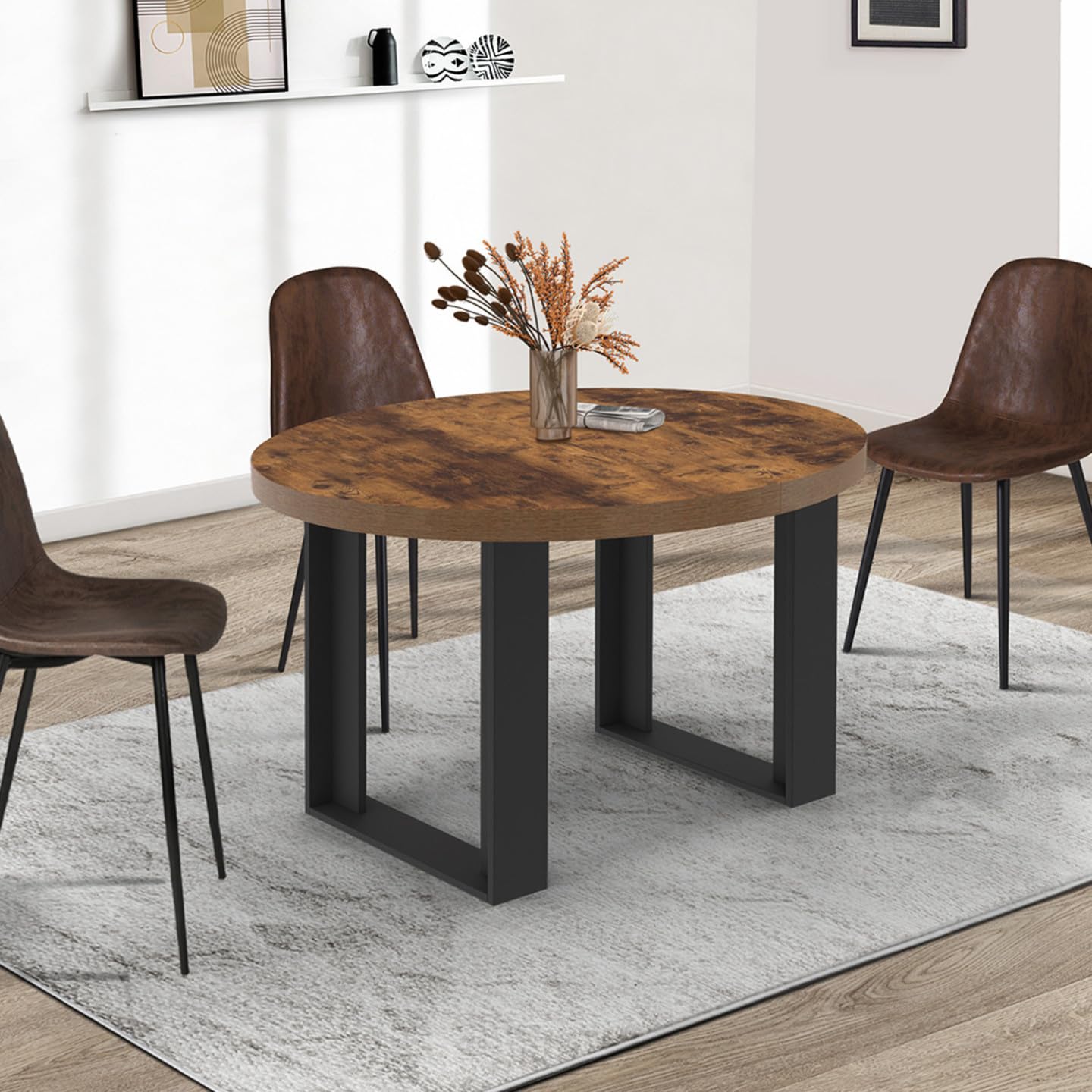 IDMarket - Table à Manger Extensible Ronde Phoenix 4-6 Personnes Bois foncé Effet Vieilli et Noir 110-150 cm