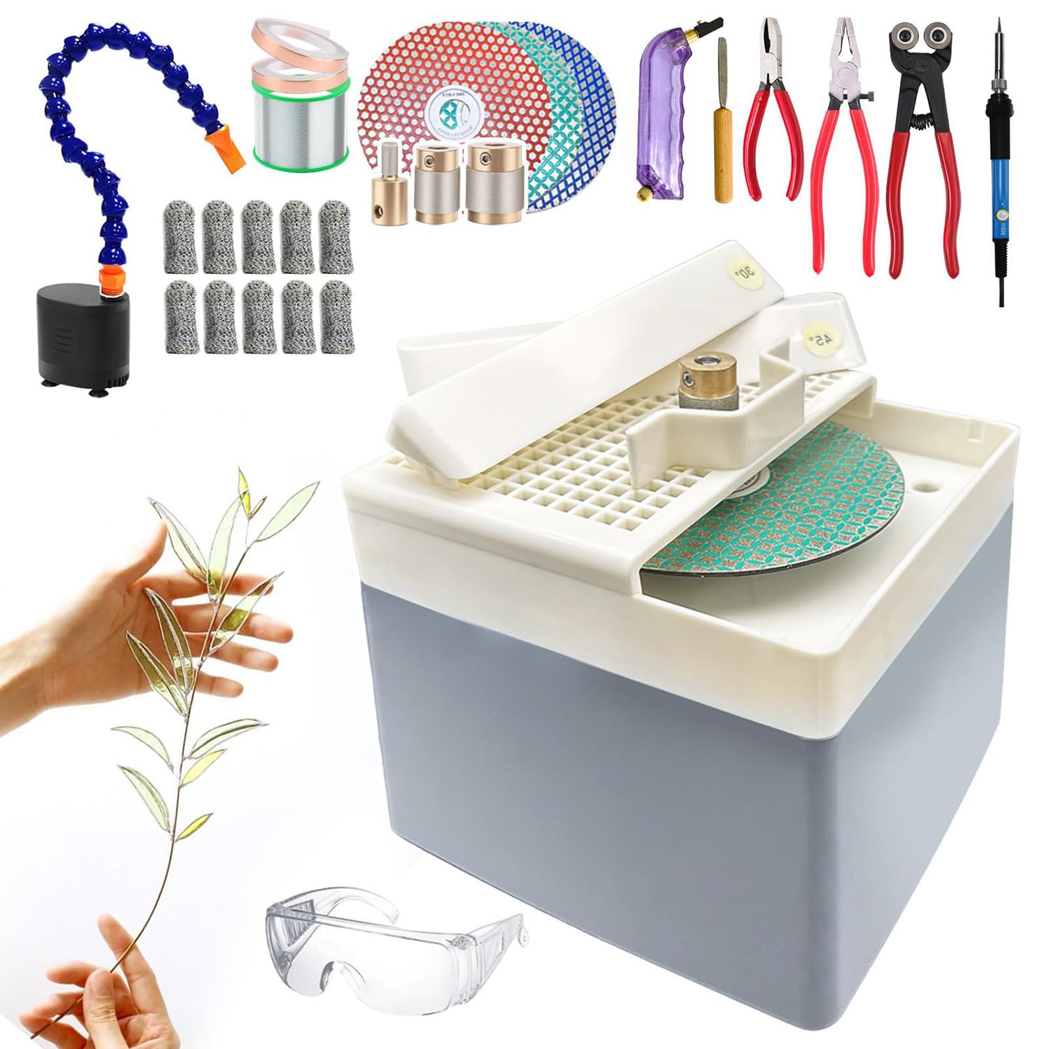 SICWEDIM 20PCS Stained Glass Starter Tool Kit for Beginner, Mosaic & Stained Glass Crafting Tool Set, Glass Grinder with Bits & Grinding Disc+Glass Cutting Kit