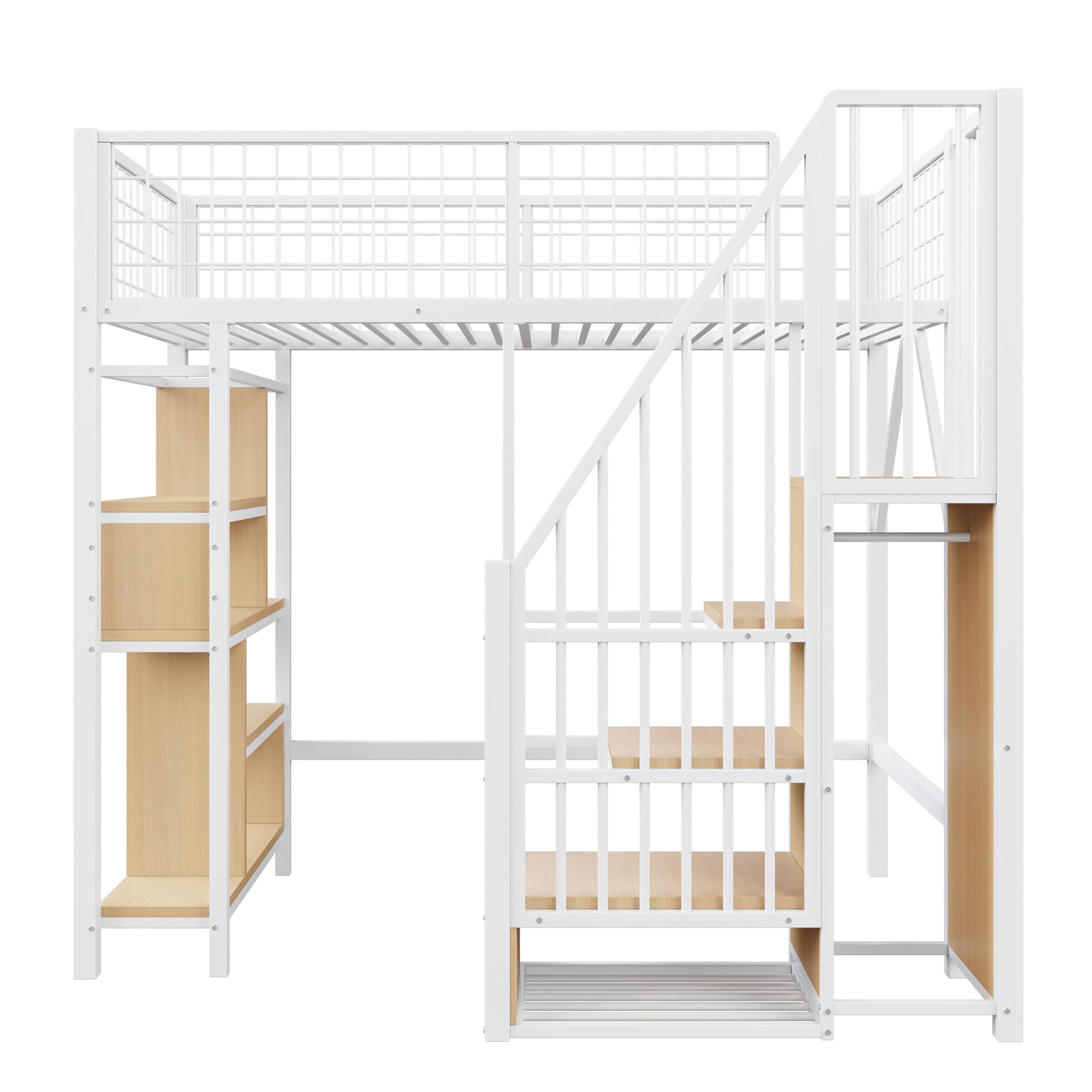 Letto a soppalco con ripiani e scale, letto singolo con vano portaoggetti, letto per adulti per camera da letto, camera degli ospiti, letto in metallo, senza materasso, bianco, 90 x 200 cm