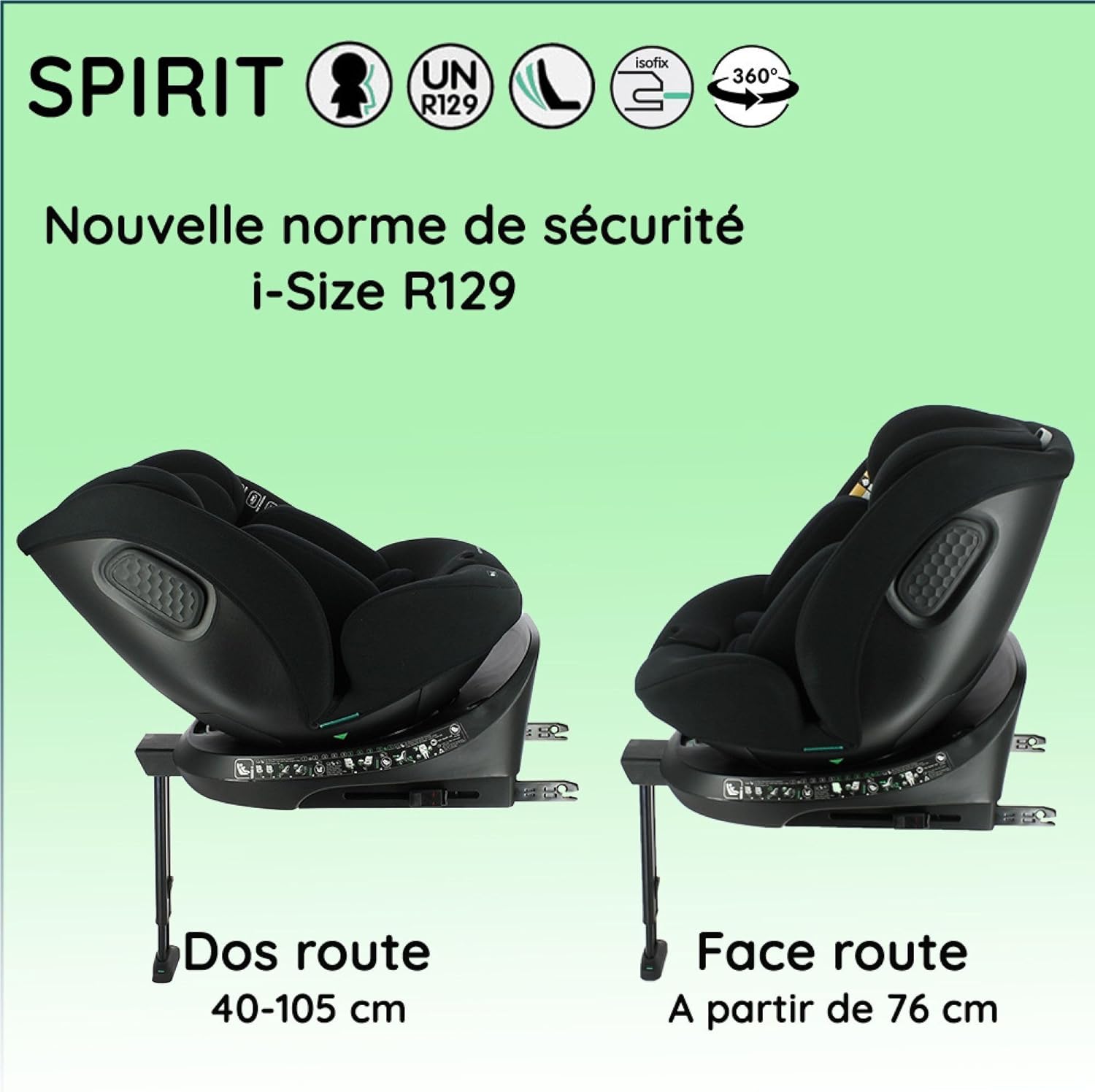 Nania Spirit Car Seat showing rear-facing for 40-105 cm and forward-facing from 76 cm