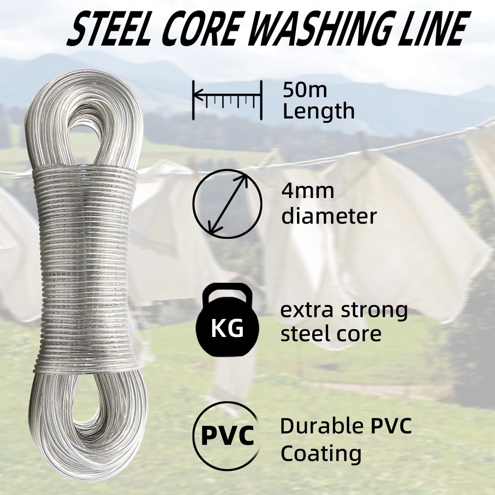 50m Wäscheleine mit Stahlkern 4mm Wäscheleine Extra Stark ist Rost- Und Korrosionsbeständig, für Den Außeneinsatz Geeignet, Kapazität 200kg (Transparente)