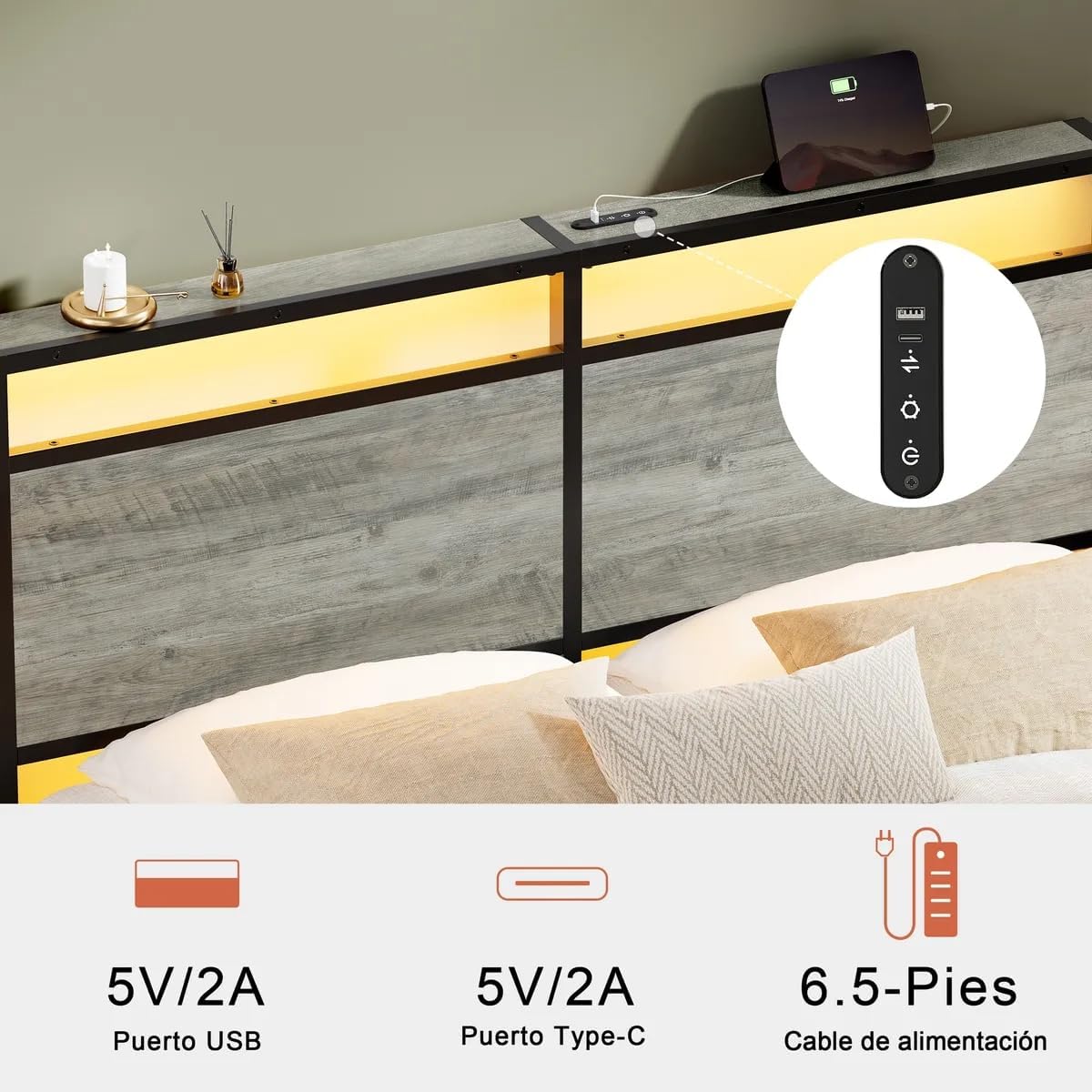 Close-up of the headboard showing USB and AC charging ports.