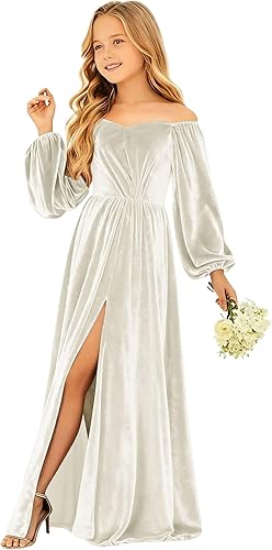 Topsta Off Shoulder Velvet Junior Bridesmaid Dresses Long Sleeve Girls Formal Dress with Slit Maxi Christmas Gown