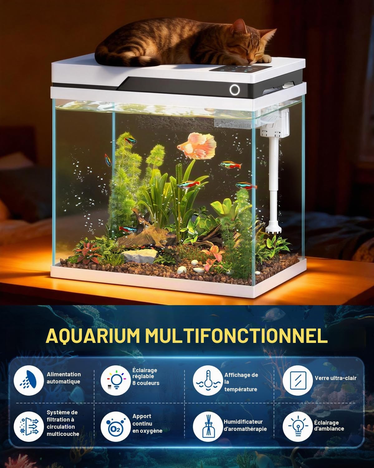 Vehipa Aquarium Complet 26L avec Distributeur Automatique de Nourriture | Pompe 4-en-1 à Débit Réglable, Température Affichée, LED 8 Couleurs, Couvercle Amovible, Humidificateur Intégré