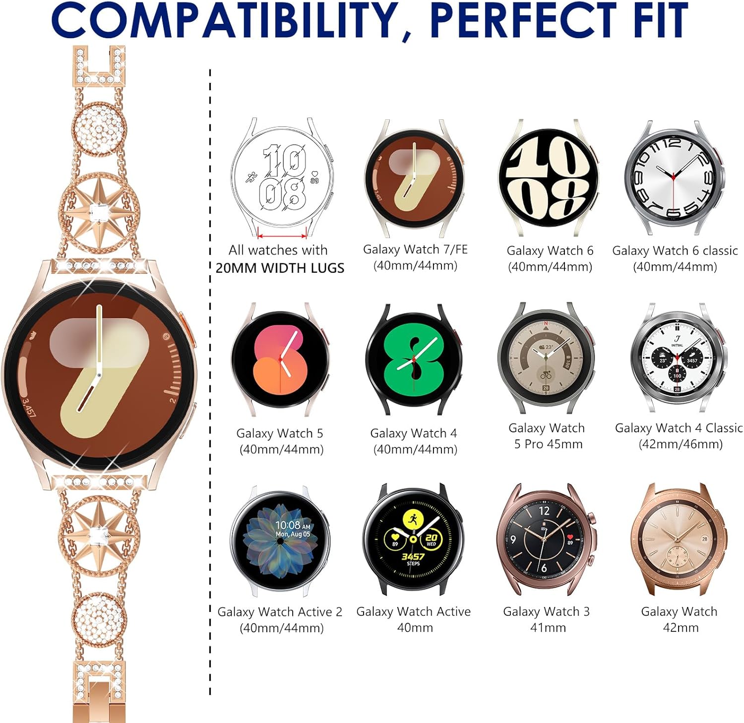 WINGLE for Galaxy Watch 8/8 Classic Band 40/44/46mm Galaxy Watch 7 6 5 4 FE Band 40mm 44mm Samsung Watch 5 Pro Bands 45mm, Women Bling Sparkling Diamond Bands for Watch 6/4 Classic 43mm 47mm 42mm 46mm - Image 2