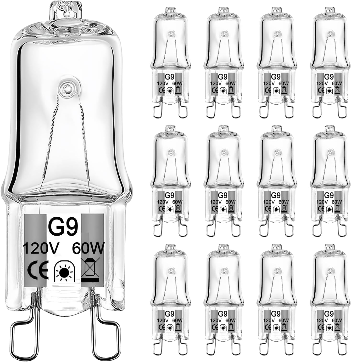 G9 Bulb 60W, 12 Pack G9 Halogen Light Bulbs 2 Pin Base T4 JCD Type 120V Xenon Small Light Bulb for Chandeliers, Range Hood Light, Bathroom Light Bulbs, Cabinet Lights, Dimmable, 2700K Warm White